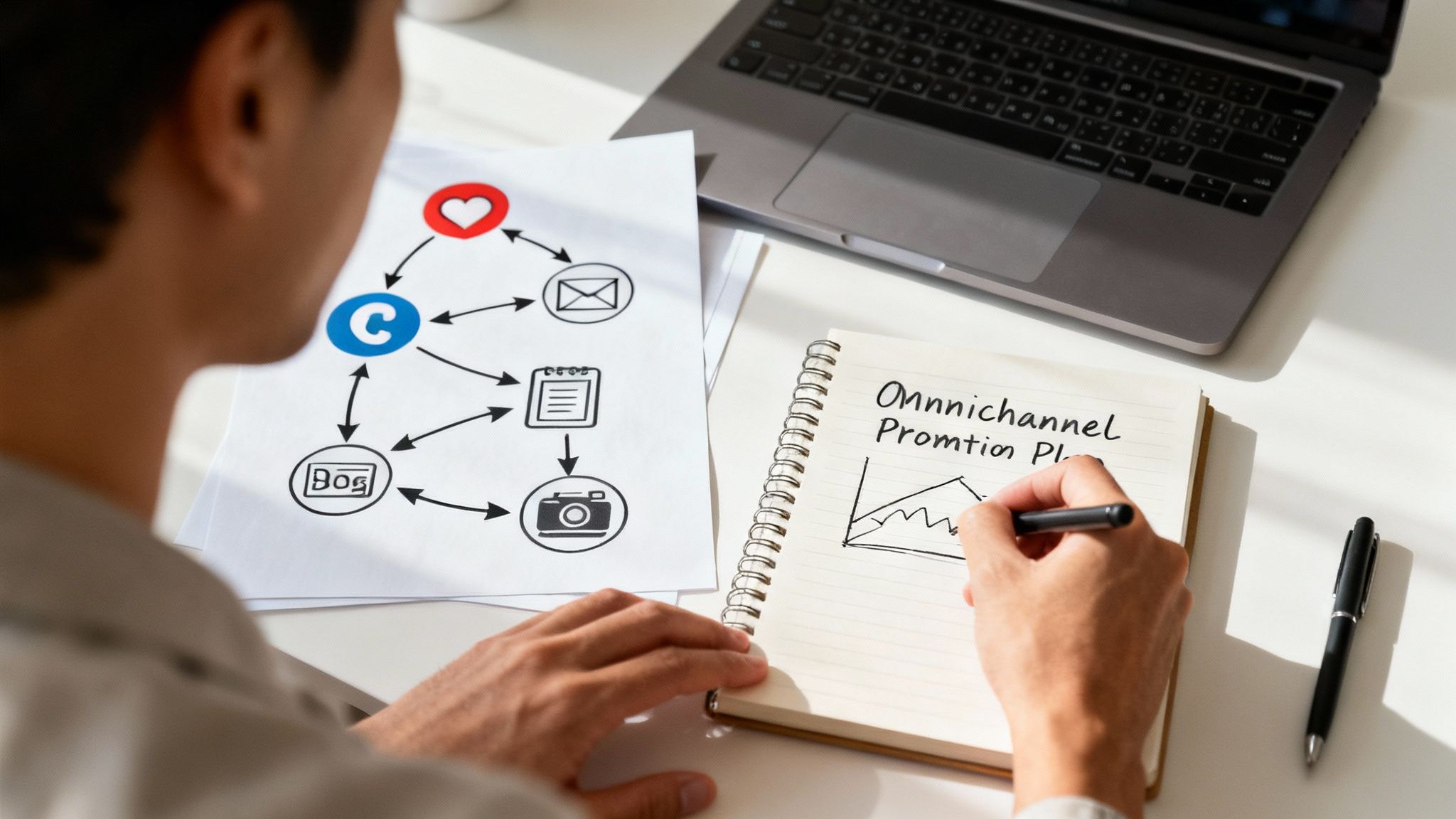 A group of people collaborating on a promotion plan on a large whiteboard