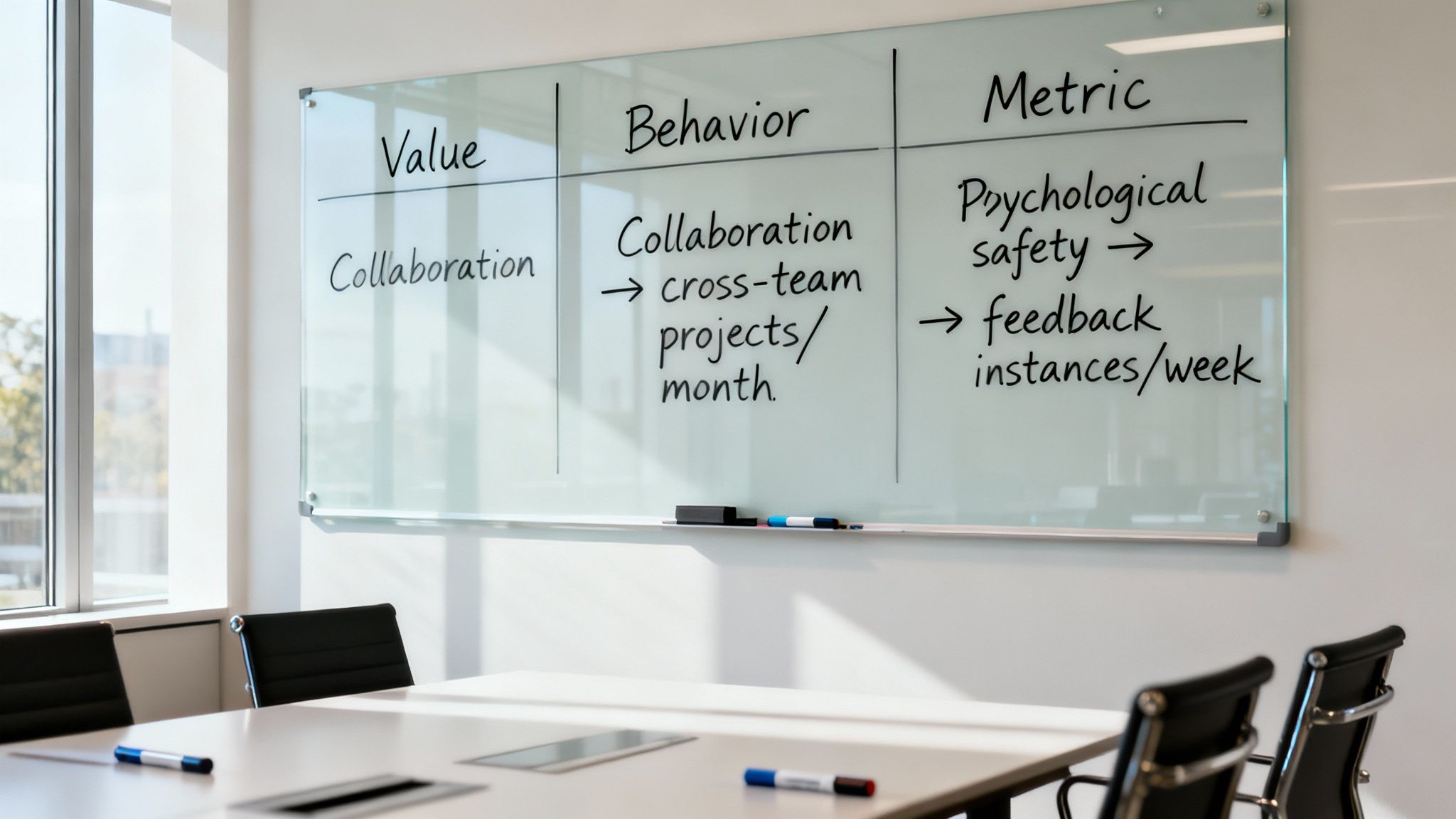 A team collaborating around a whiteboard, translating ideas into actionable steps.