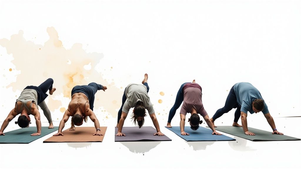 An illustration showing employees participating in various wellness activities like yoga, running, and meditation.