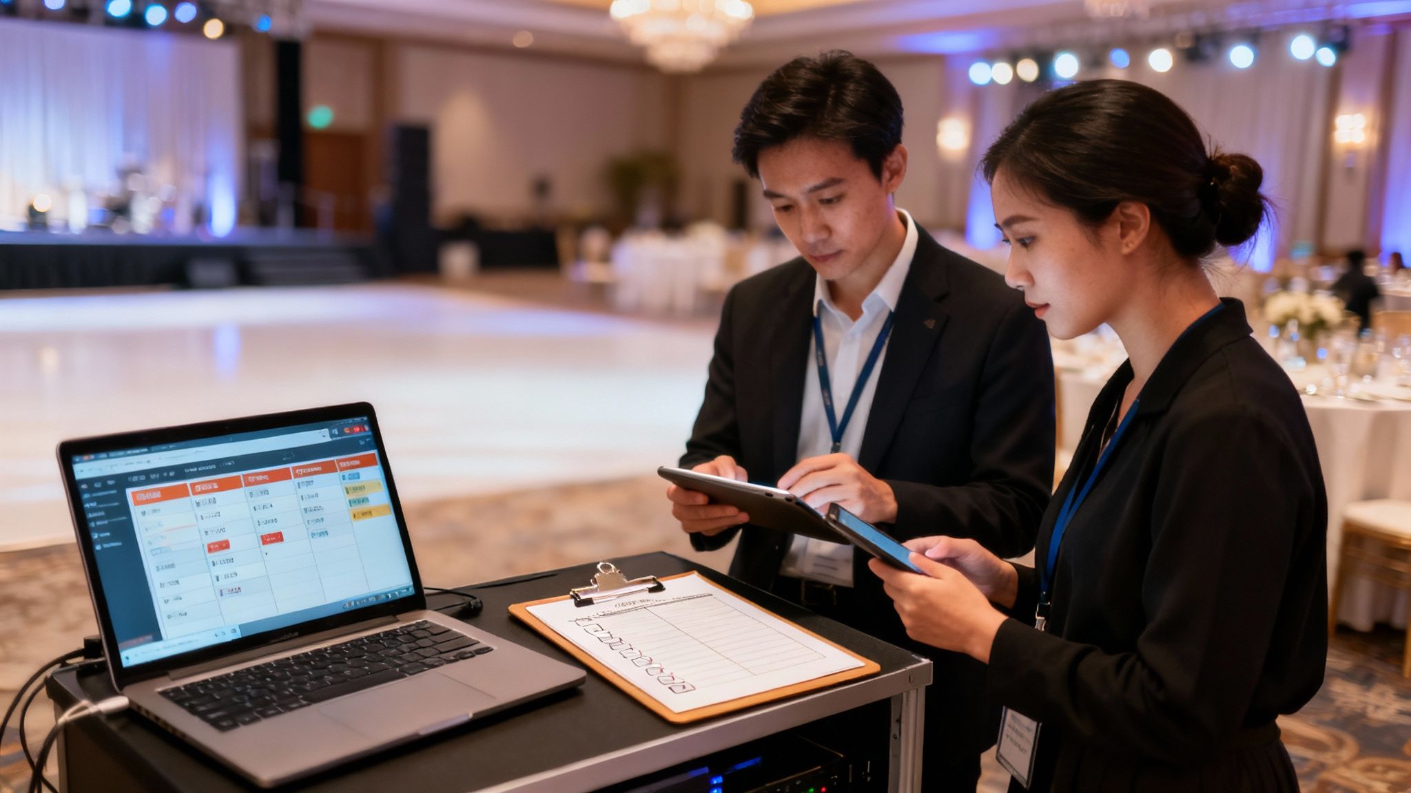 A team of event planners coordinating during a corporate event