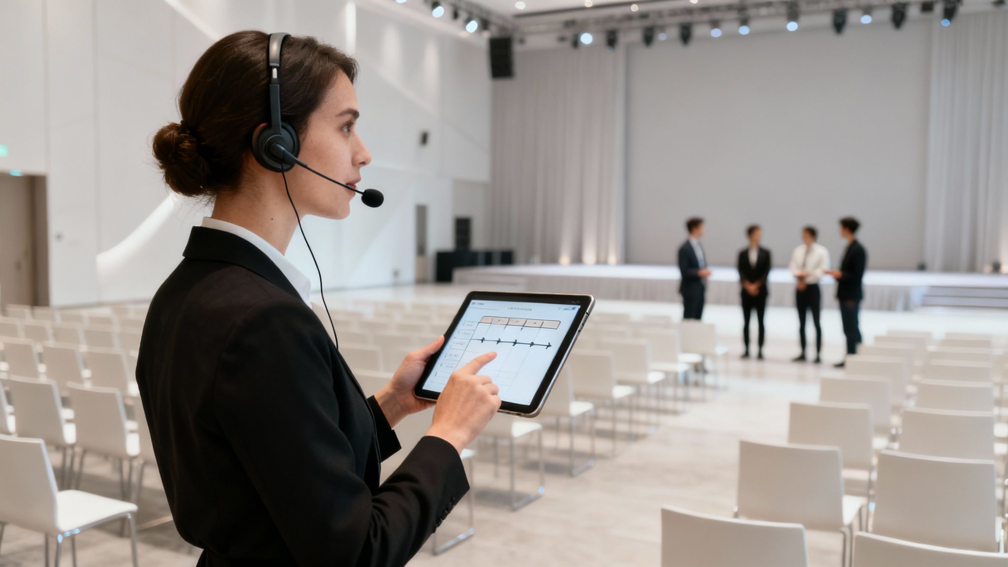 An event coordinator managing details on a tablet during an event
