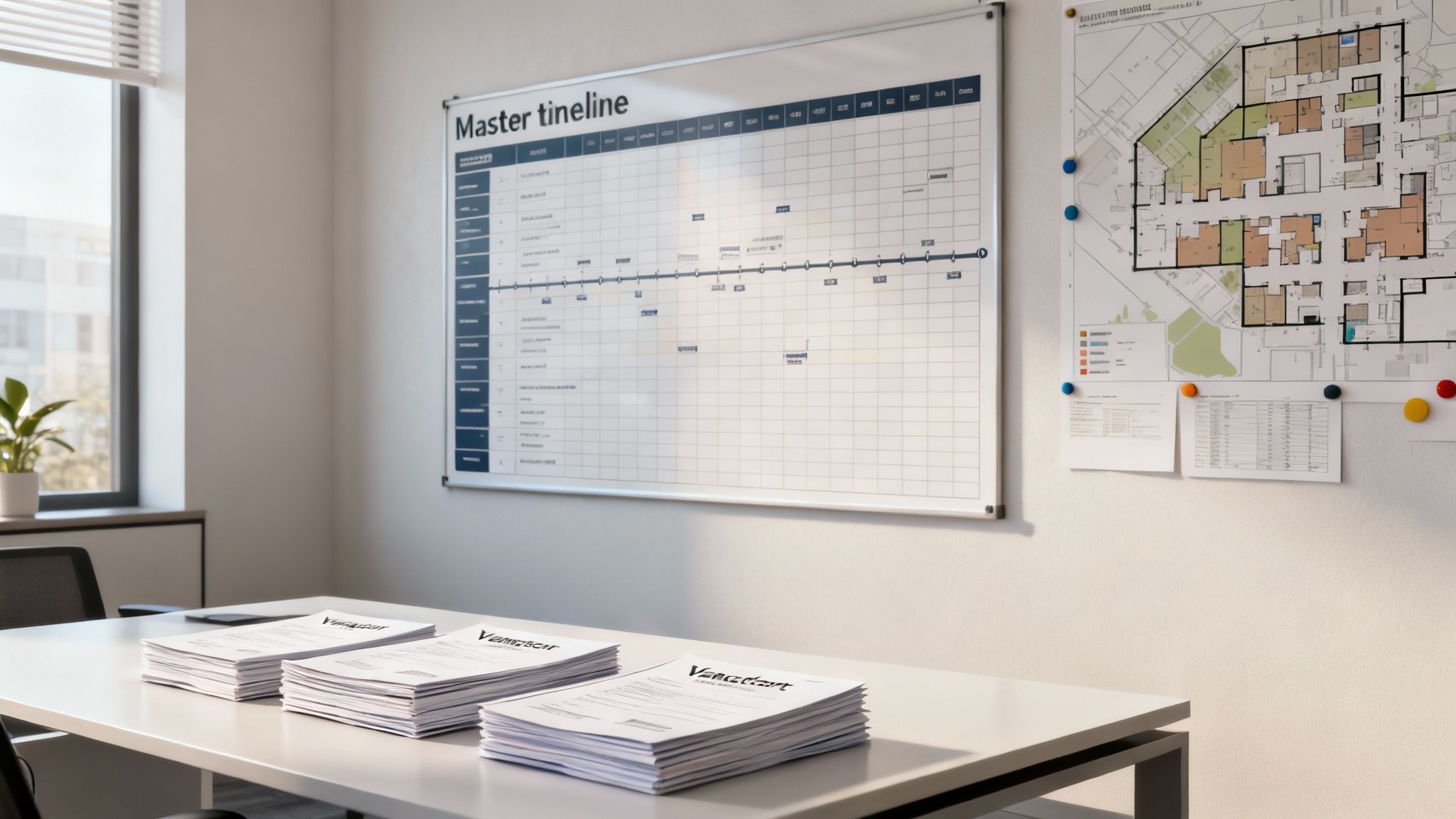 A team collaborating around a table, managing event logistics with laptops and documents.