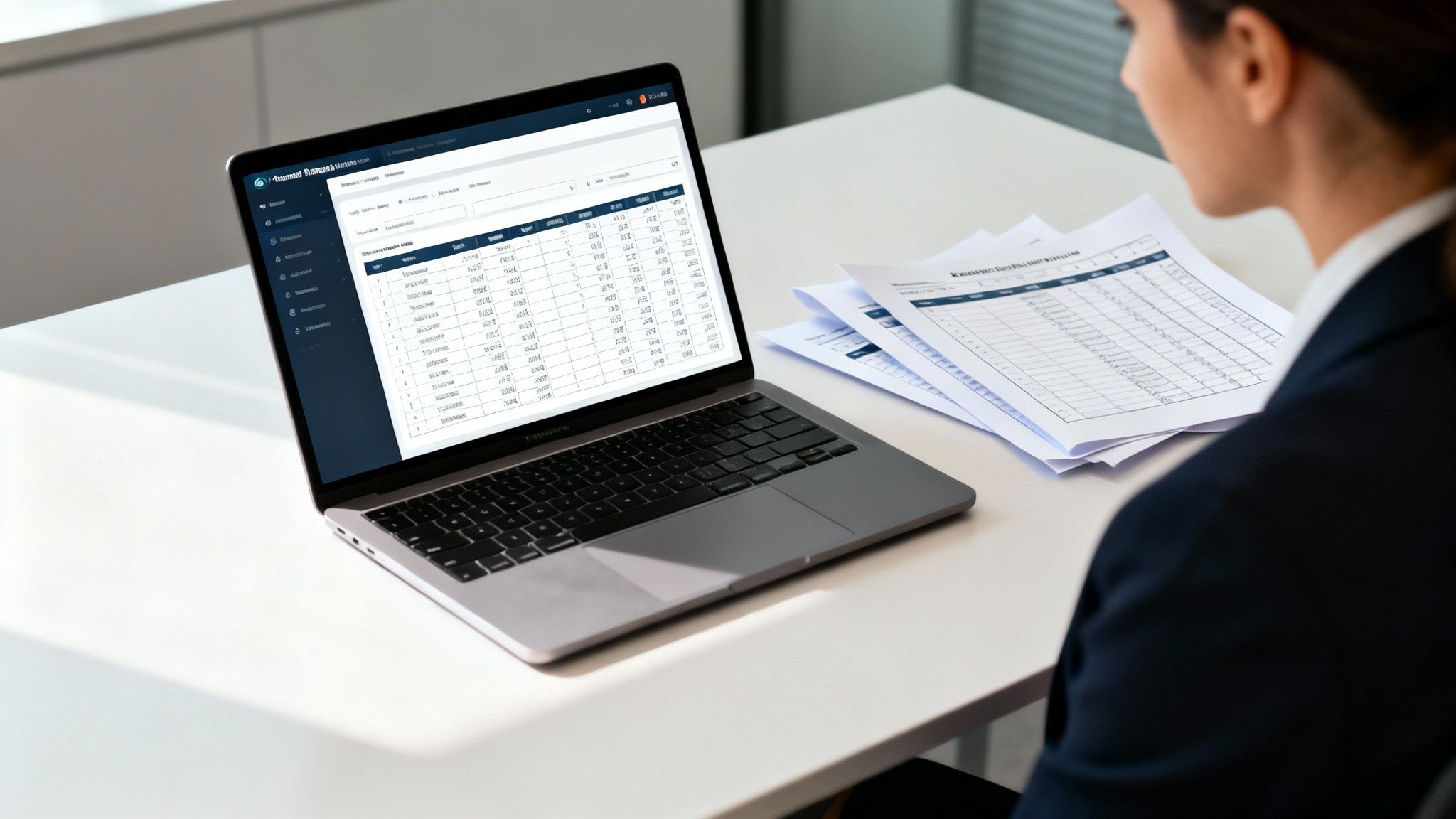 Businesswoman analyzing data on a laptop screen displaying corporate event management software and documents.