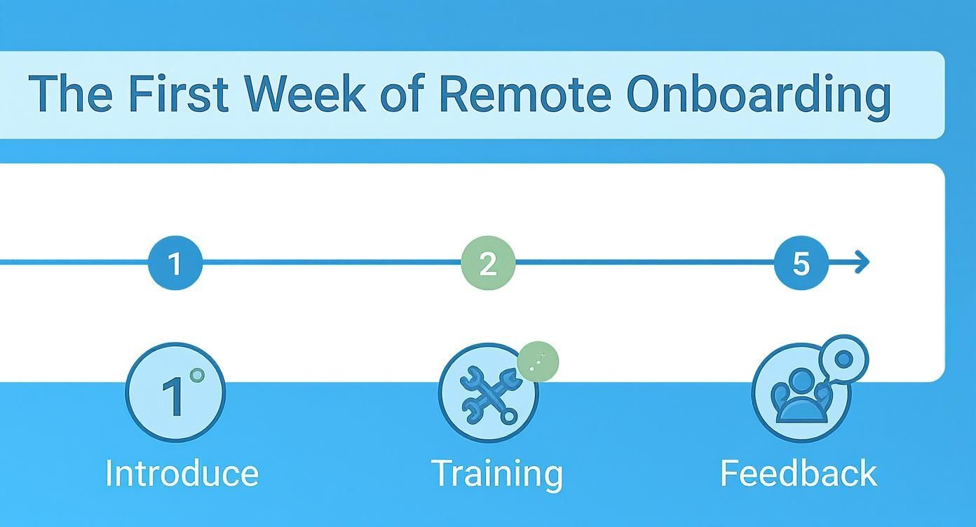 Infographic showing the first week of remote onboarding, with steps for introduction, training, and feedback.