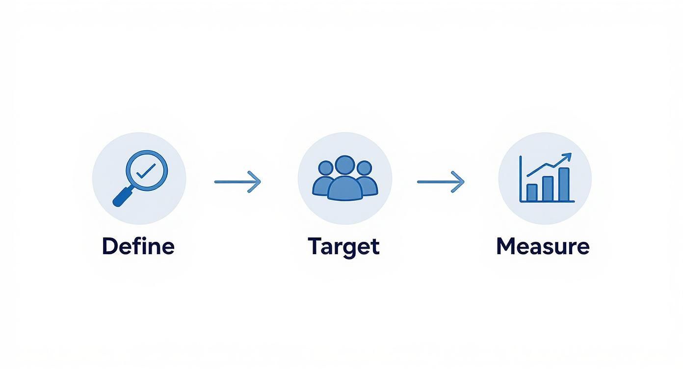 A three-step process diagram with blue icons: Define (magnifying glass), Target (people group), and Measure (bar graph).