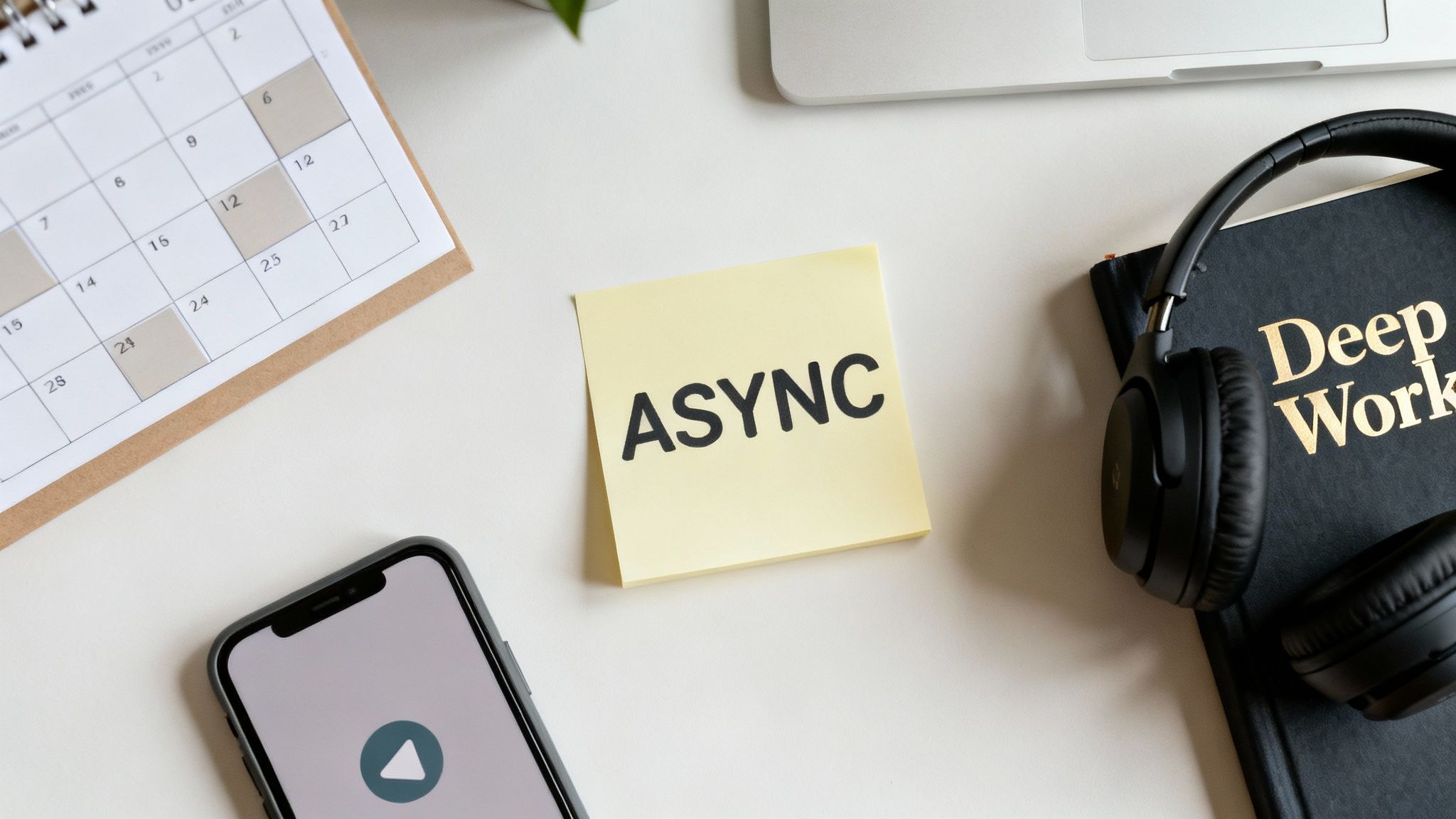 A top-down view of a modern desk with a calendar, a sticky note 'ASYNC', headphones, and a smartphone.