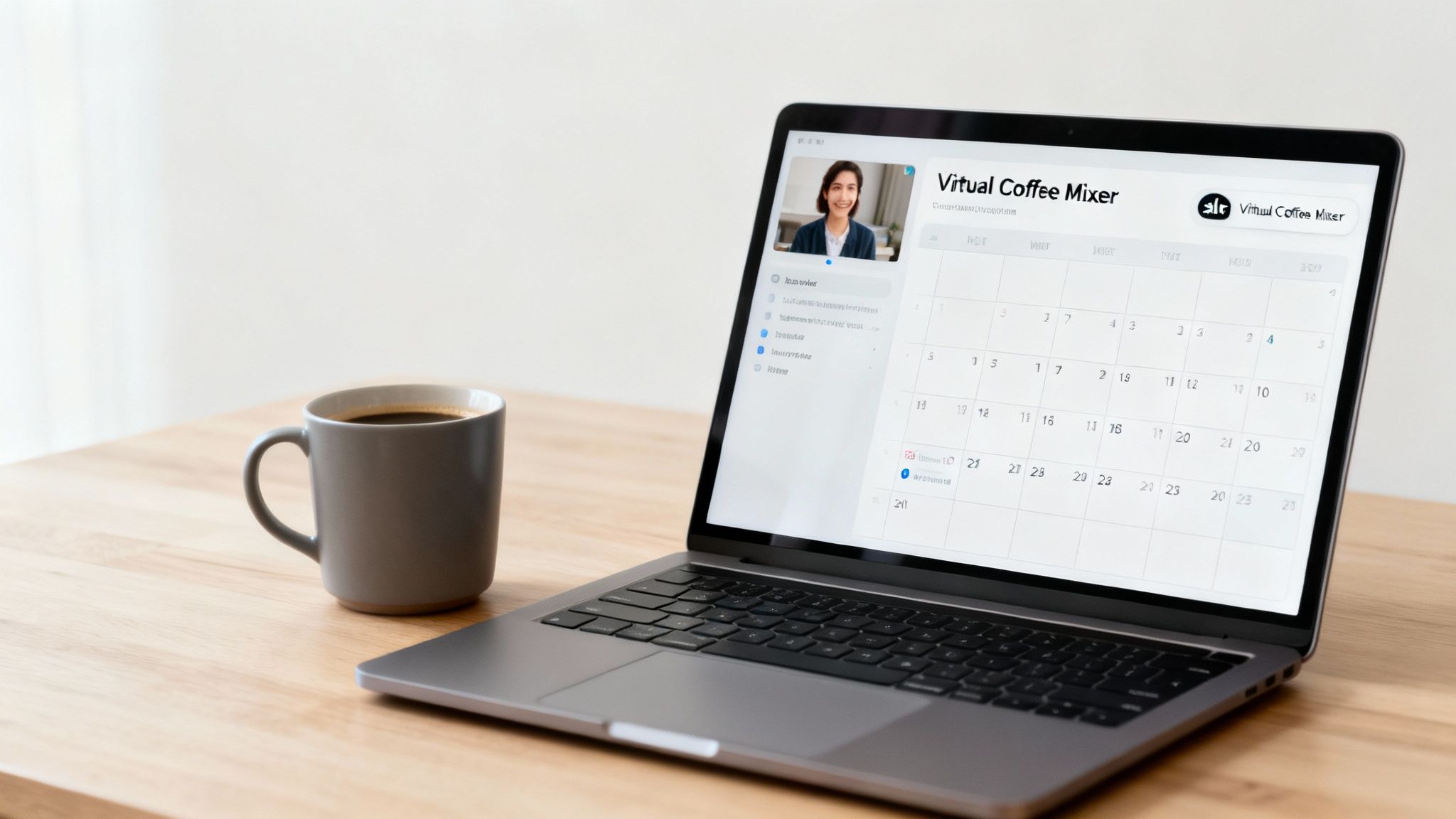 Laptop displaying Virtual Coffee Mixer scheduling app with coffee mug on wooden desk for remote team engagement