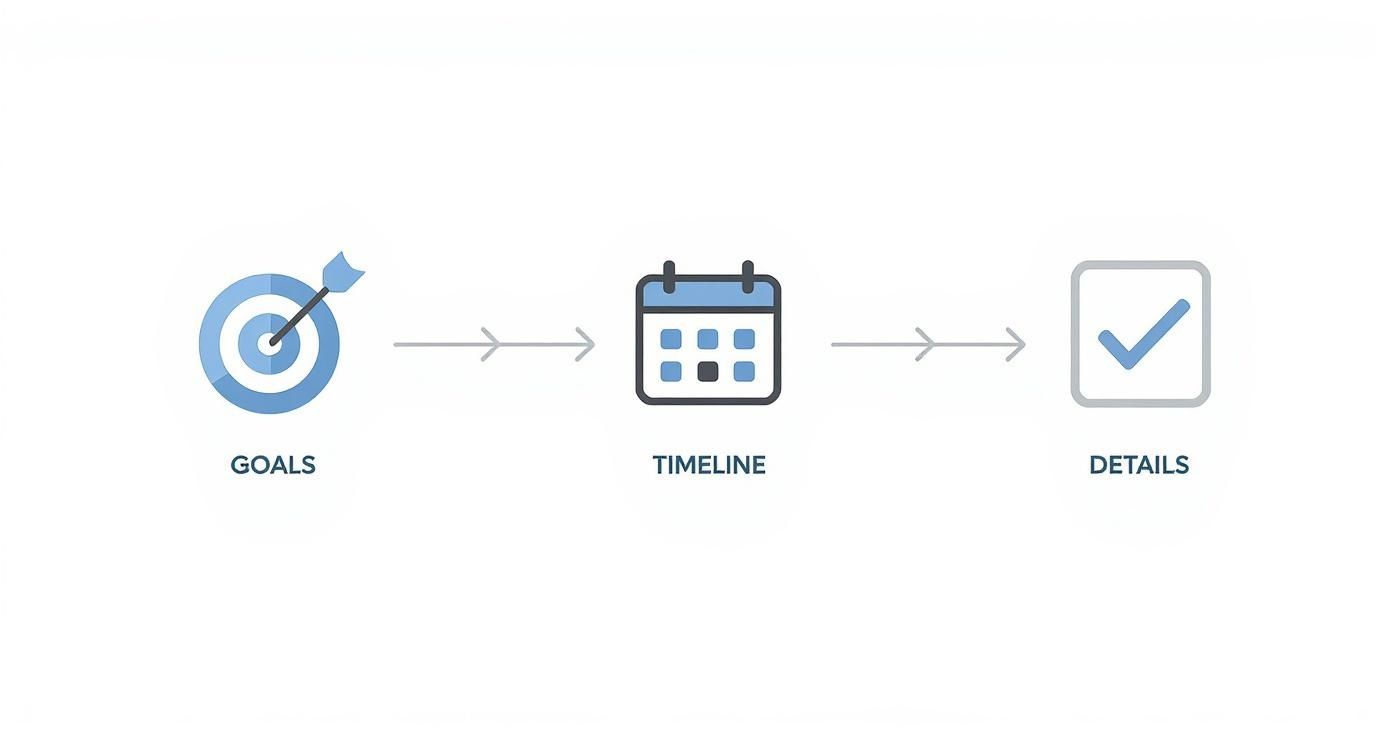 A visual process displaying goals, timeline, and details icons connected by arrows, representing project planning steps.