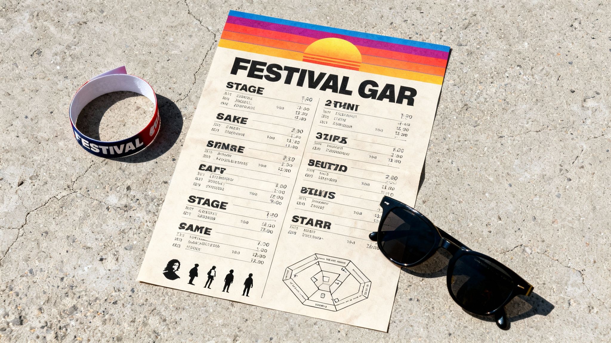 A festival program with a colorful sunset design, a wristband, and sunglasses lie on a concrete floor.