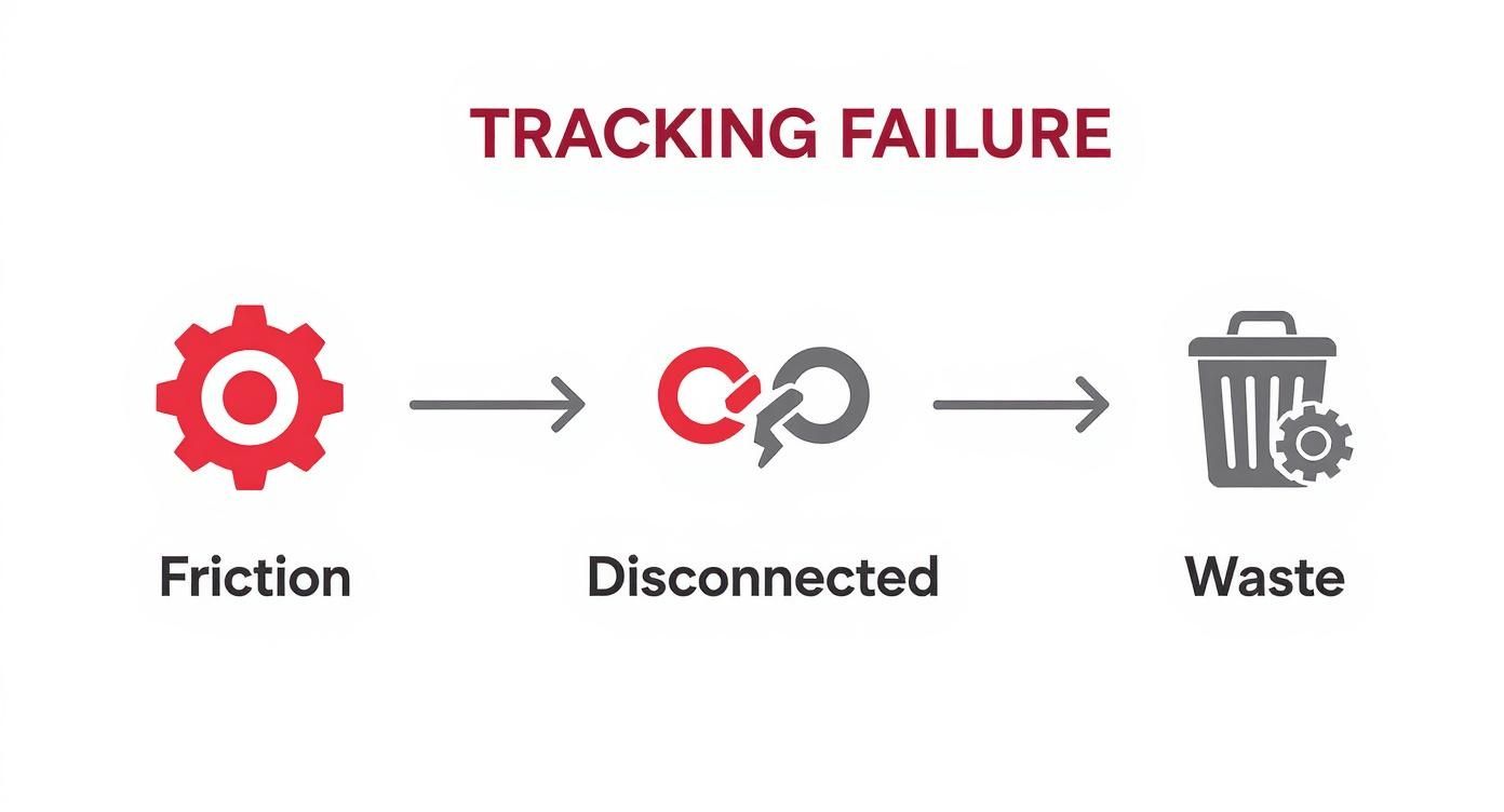 Diagram showing tracking failure process from friction to disconnected systems resulting in waste