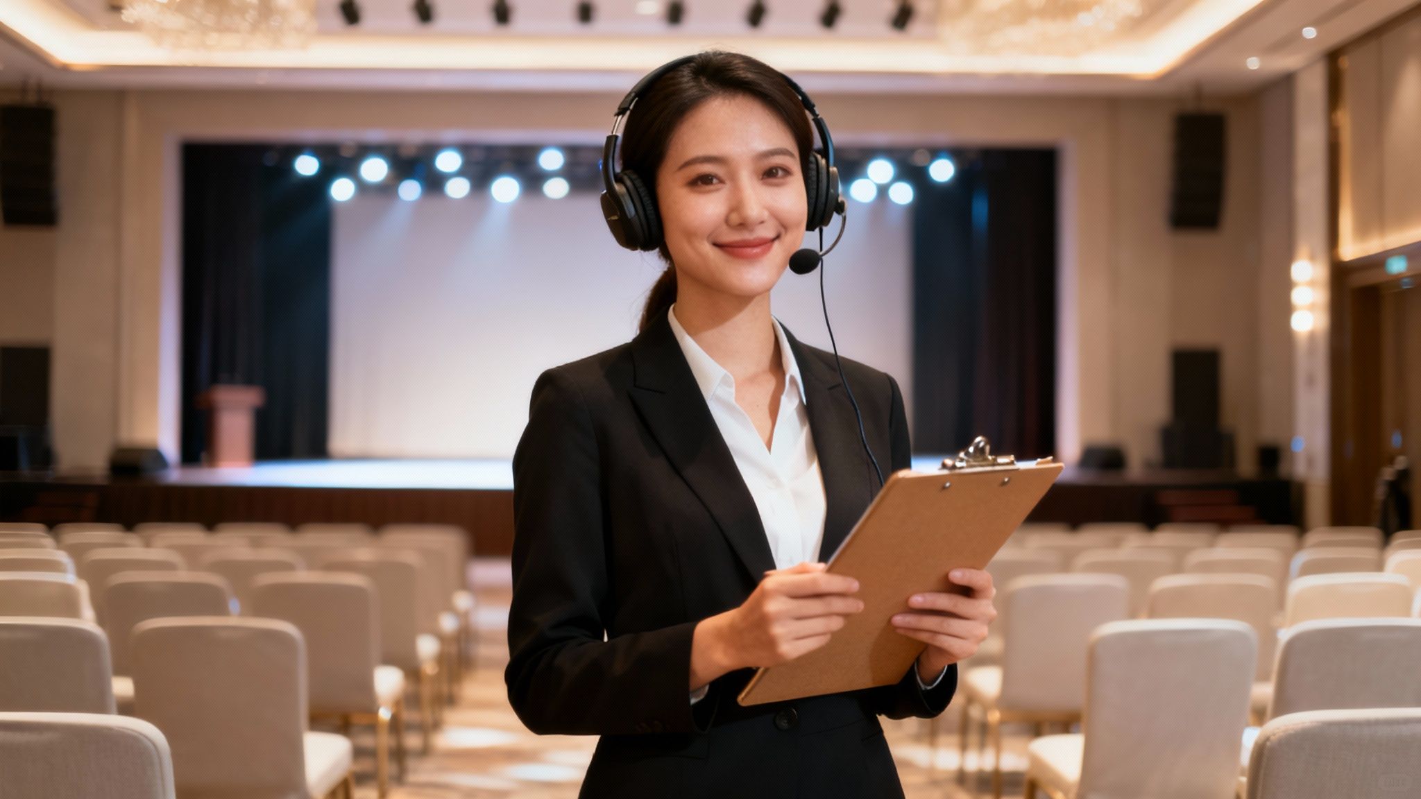 A candid shot of an event coordinator smiling while working in a fast-paced environment.
