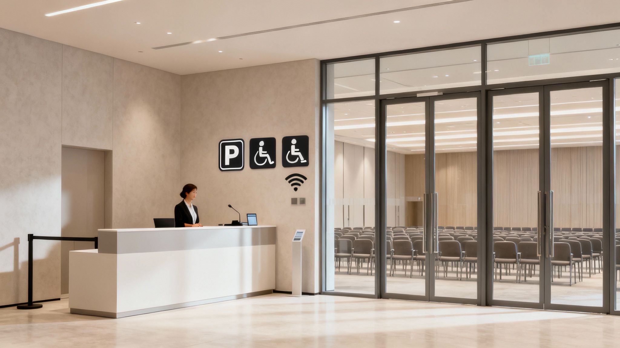 Modern hotel or conference center reception desk with meeting room and accessibility signage visible