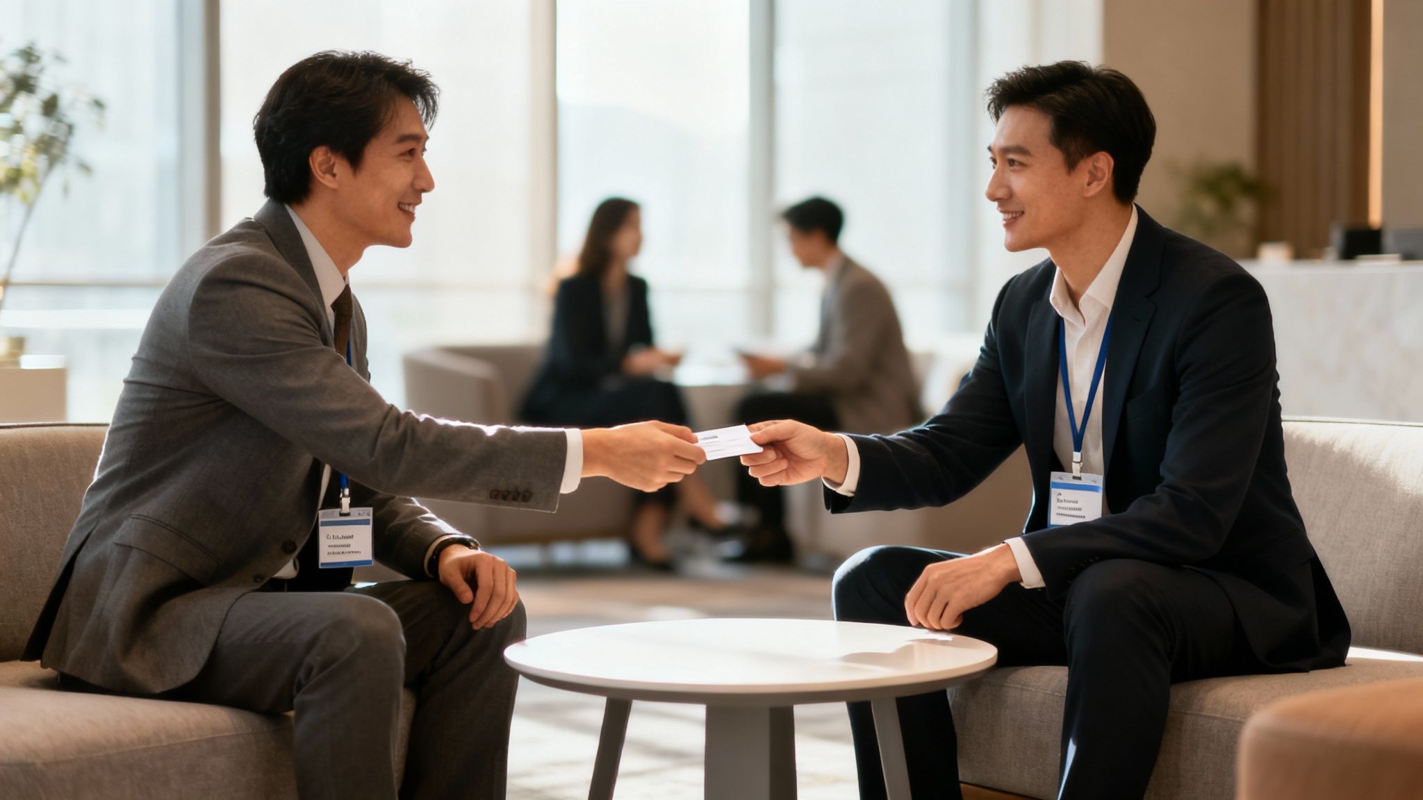 Two business professionals exchanging business cards while networking at corporate conference event