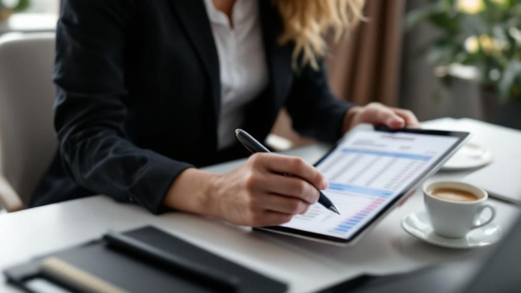 A person working on a laptop with charts and graphs, tracking event expenses.