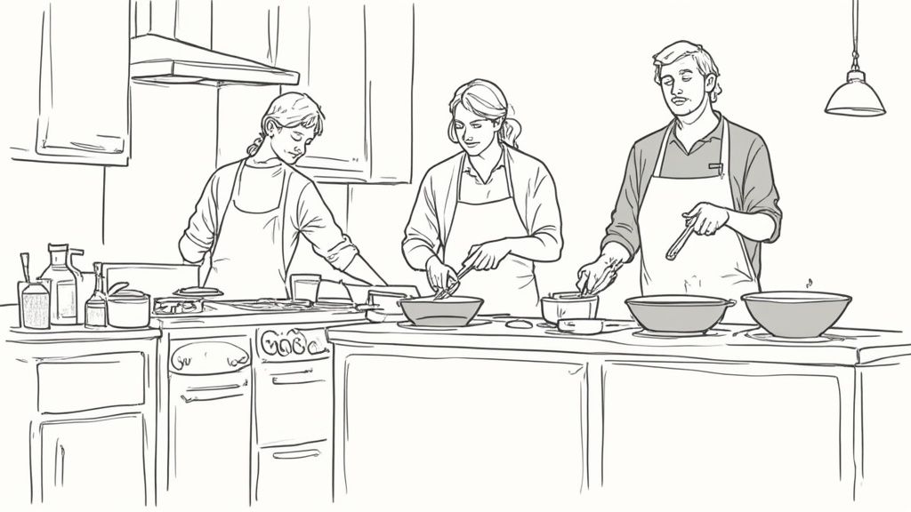Team members participating in an online cooking class via video call.