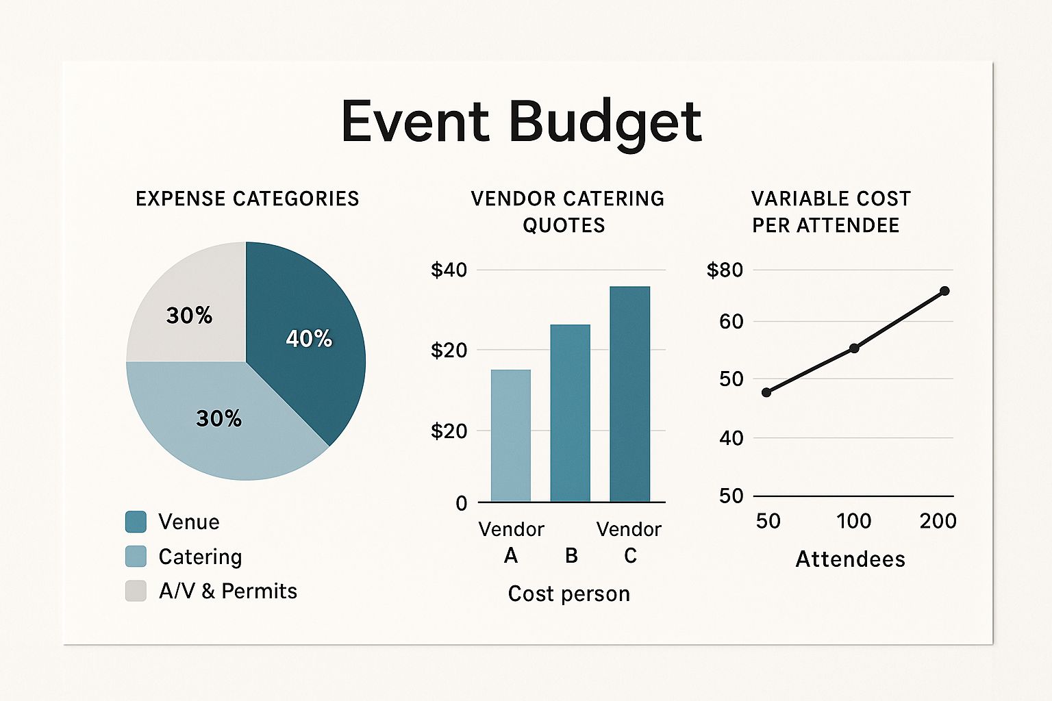 Infographic about budgeting an event, showing a pie chart of expenses, a bar chart of vendor quotes, and a line graph of cost per attendee.