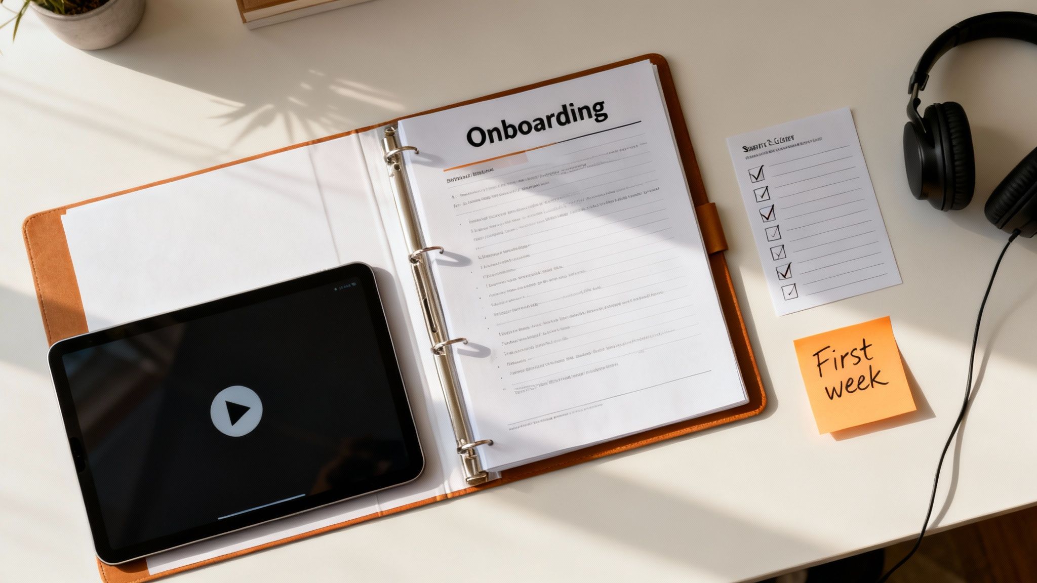 A top-down view of a desk with an 'Onboarding' binder, a tablet, headphones, and a 'First week' note.