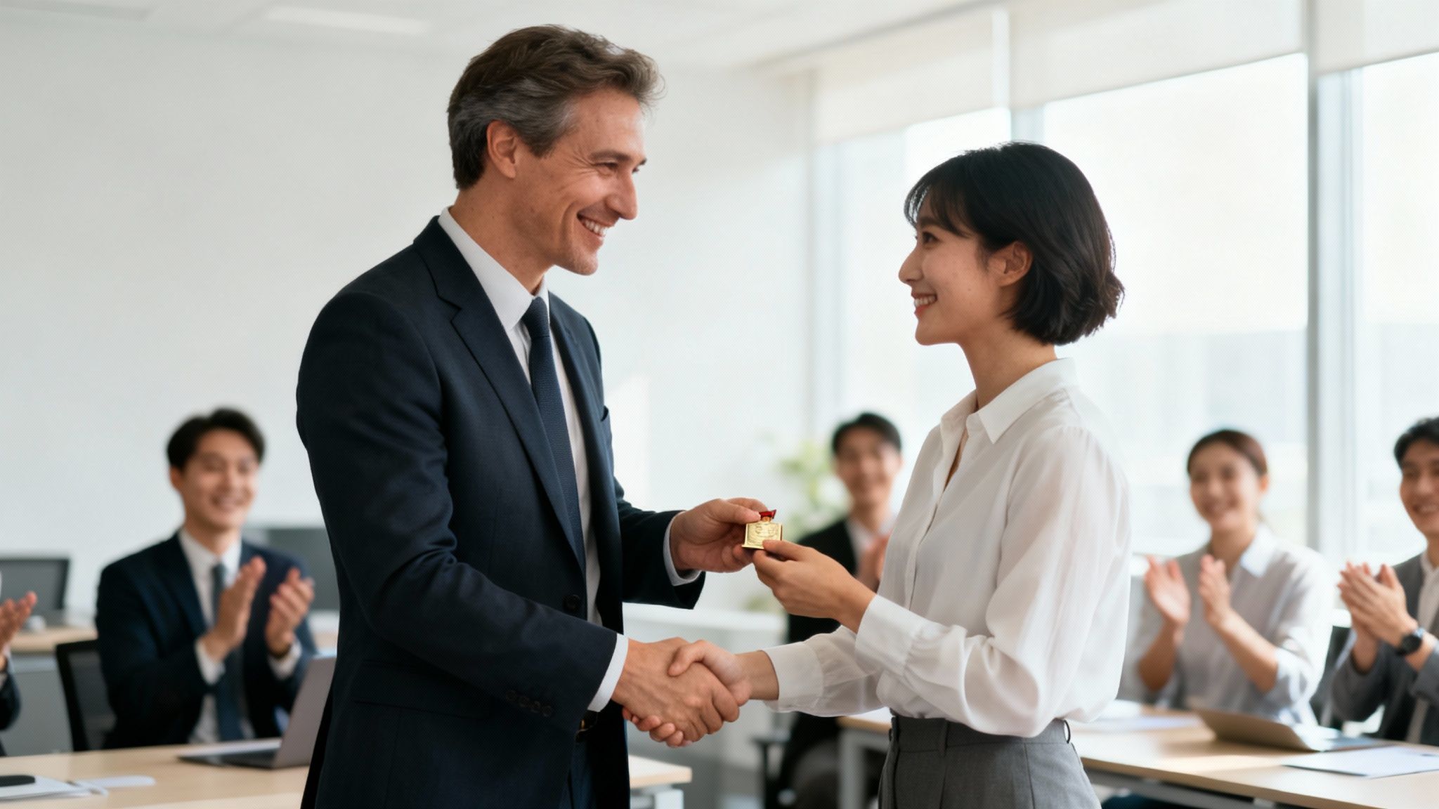 A male manager presents a gold award to a smiling female employee, shaking her hand in a professional setting with clapping colleagues.