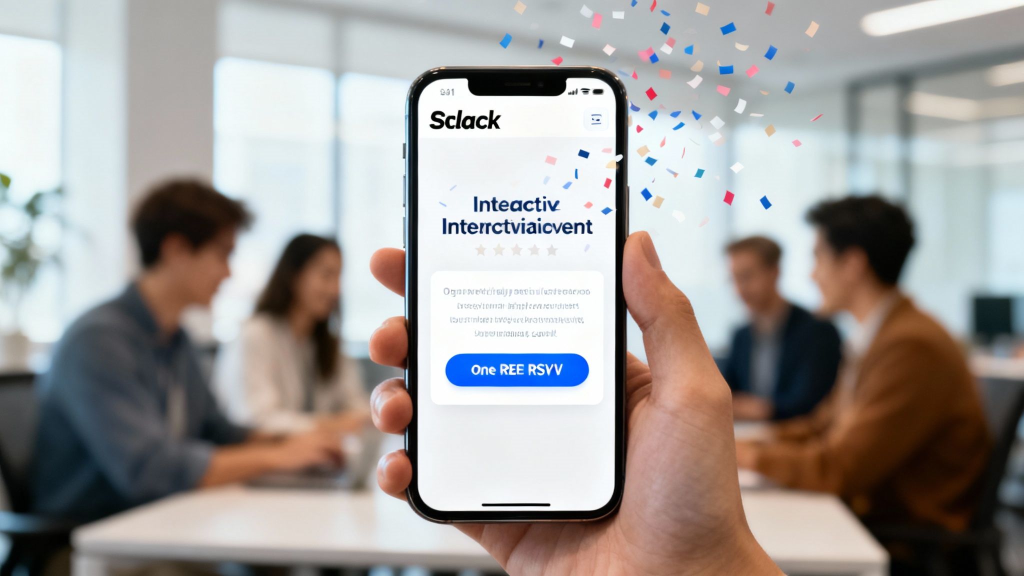 A screenshot of the Be There tool interface within Slack, showing an engaging event invitation with branding and interactive elements.