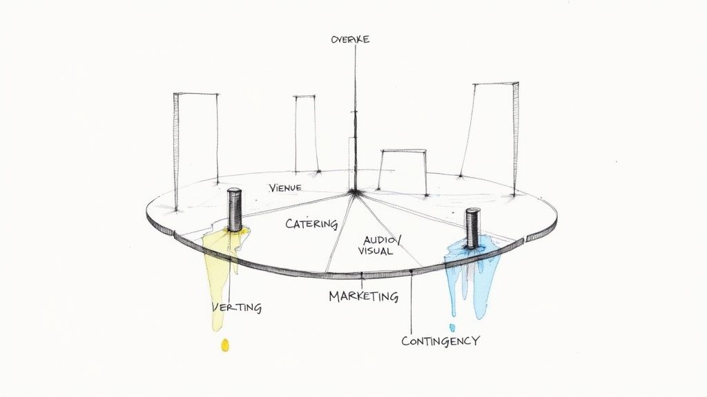 Pie chart showing a sample budget breakdown for a corporate event