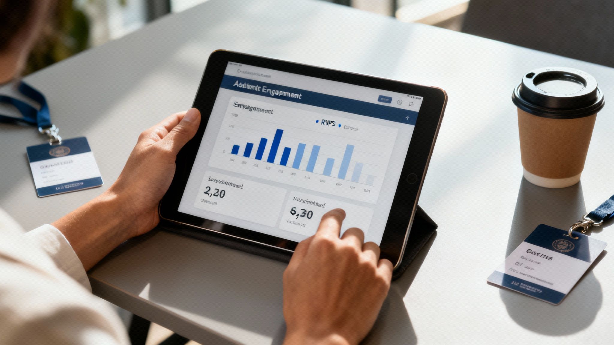 A person scanning a QR code on a smartphone at an event registration desk.