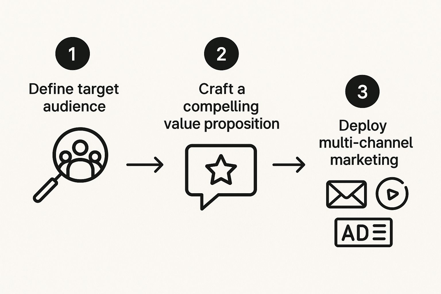 Infographic showing the three-step process to increase event attendance starting with defining the target audience, then crafting a value proposition, and finally deploying multi-channel marketing.