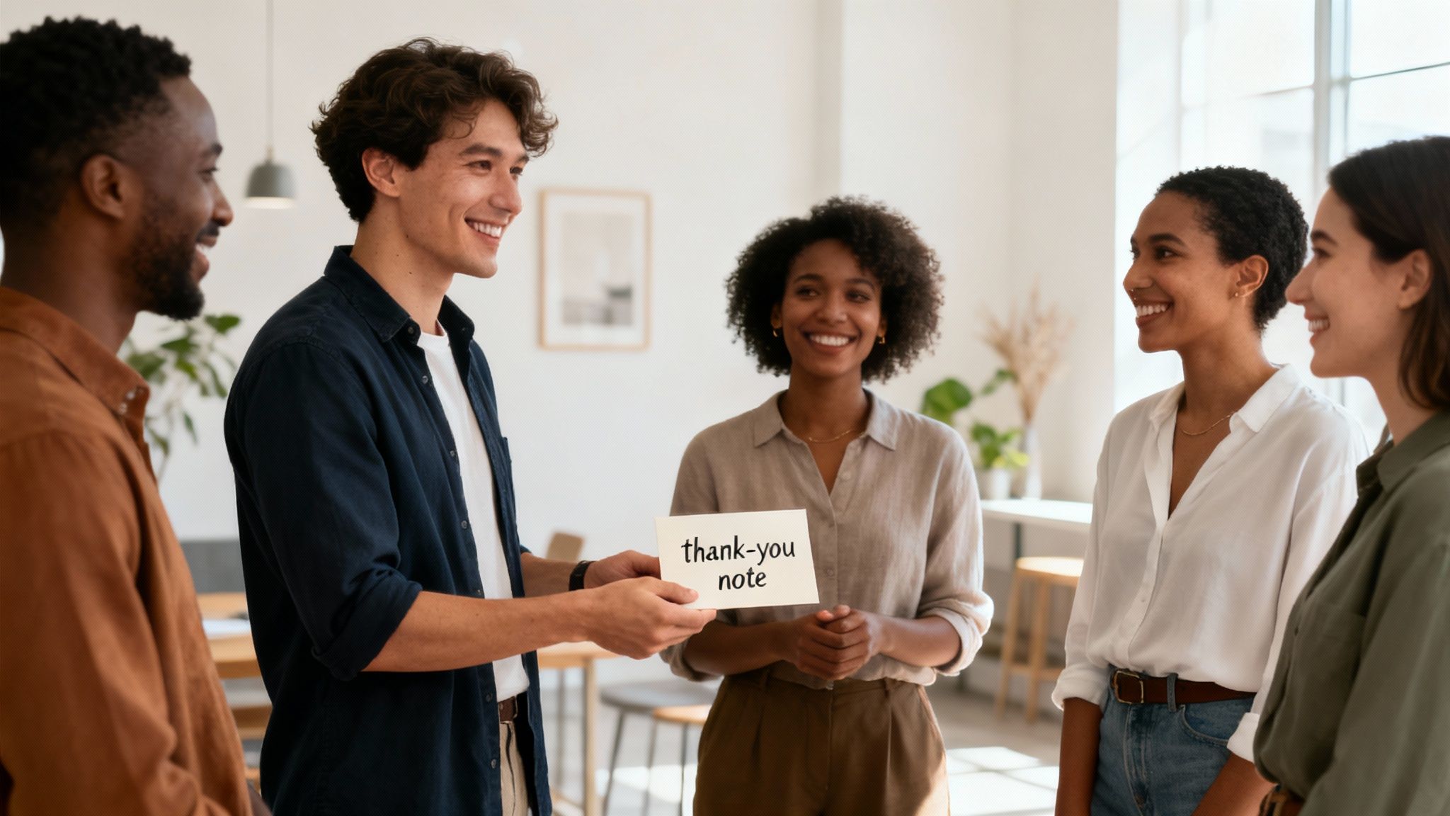 Diverse team of colleagues exchanging thank you note in bright modern office workspace