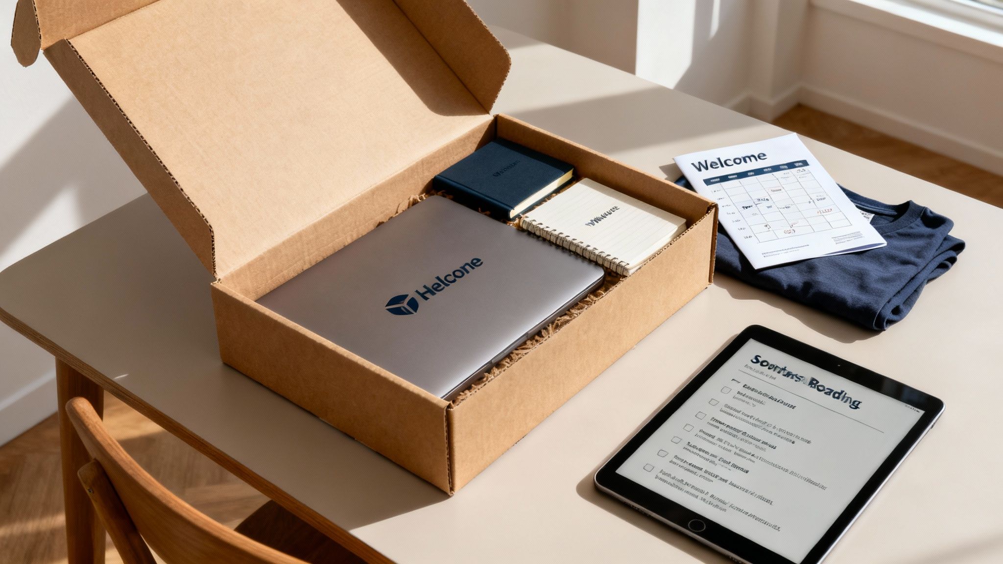 A new employee onboarding kit in a box with a laptop, notebooks, t-shirt, welcome guide, and tablet.