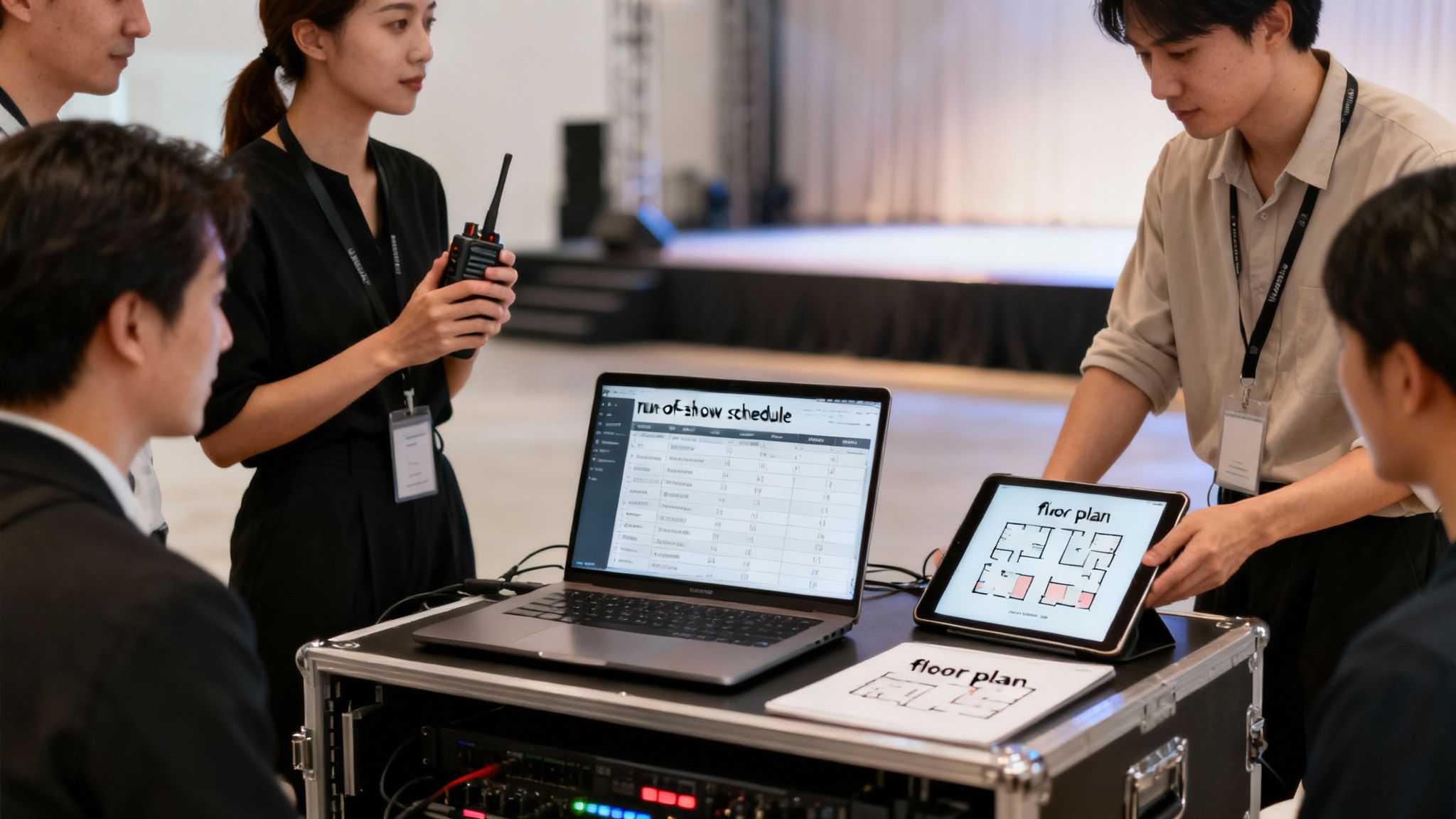 Event planners review a run-of-show schedule and floor plan on a laptop and tablet, preparing for an event.