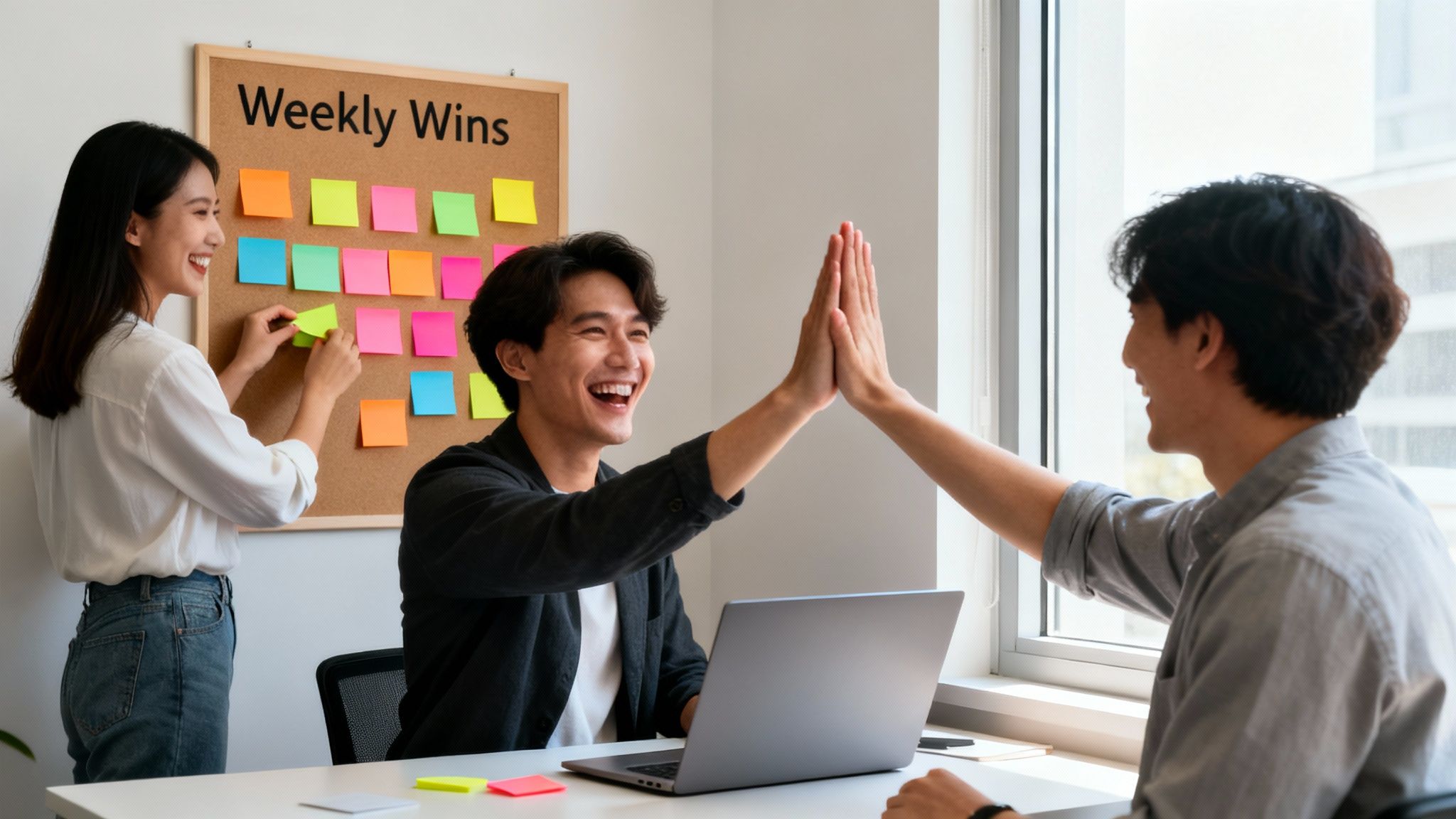 Three colleagues celebrate wins and collaborate in a modern office with a 'Weekly Wins' board.