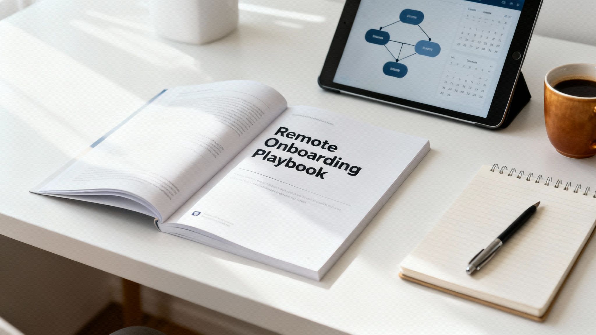 A white desk with an open 'Remote Onboarding Playbook', a tablet, coffee, and notepad.