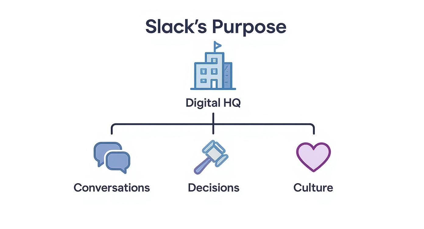 Diagram illustrating Slack's purpose as a Digital HQ, facilitating conversations, decisions, and culture.