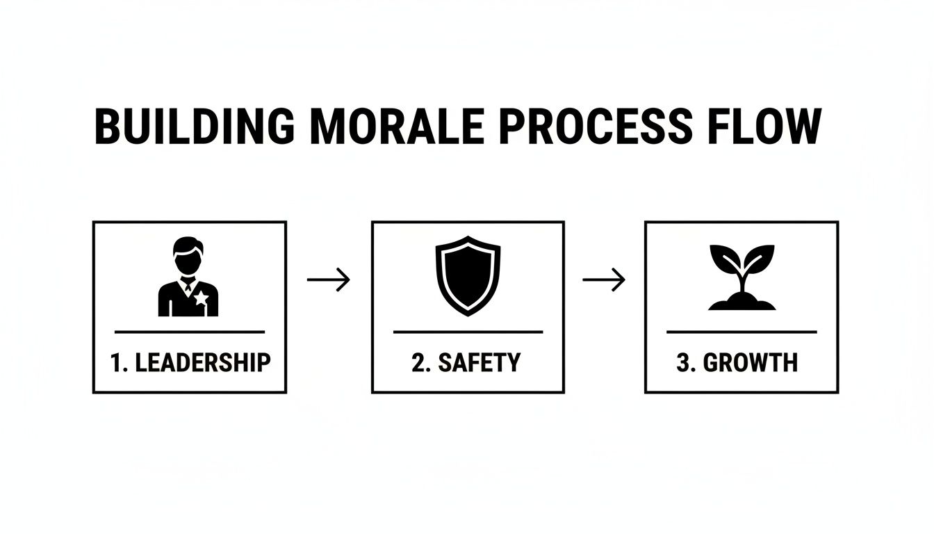 A three-step process flow for building morale: Leadership, Safety, and Growth, shown with icons.