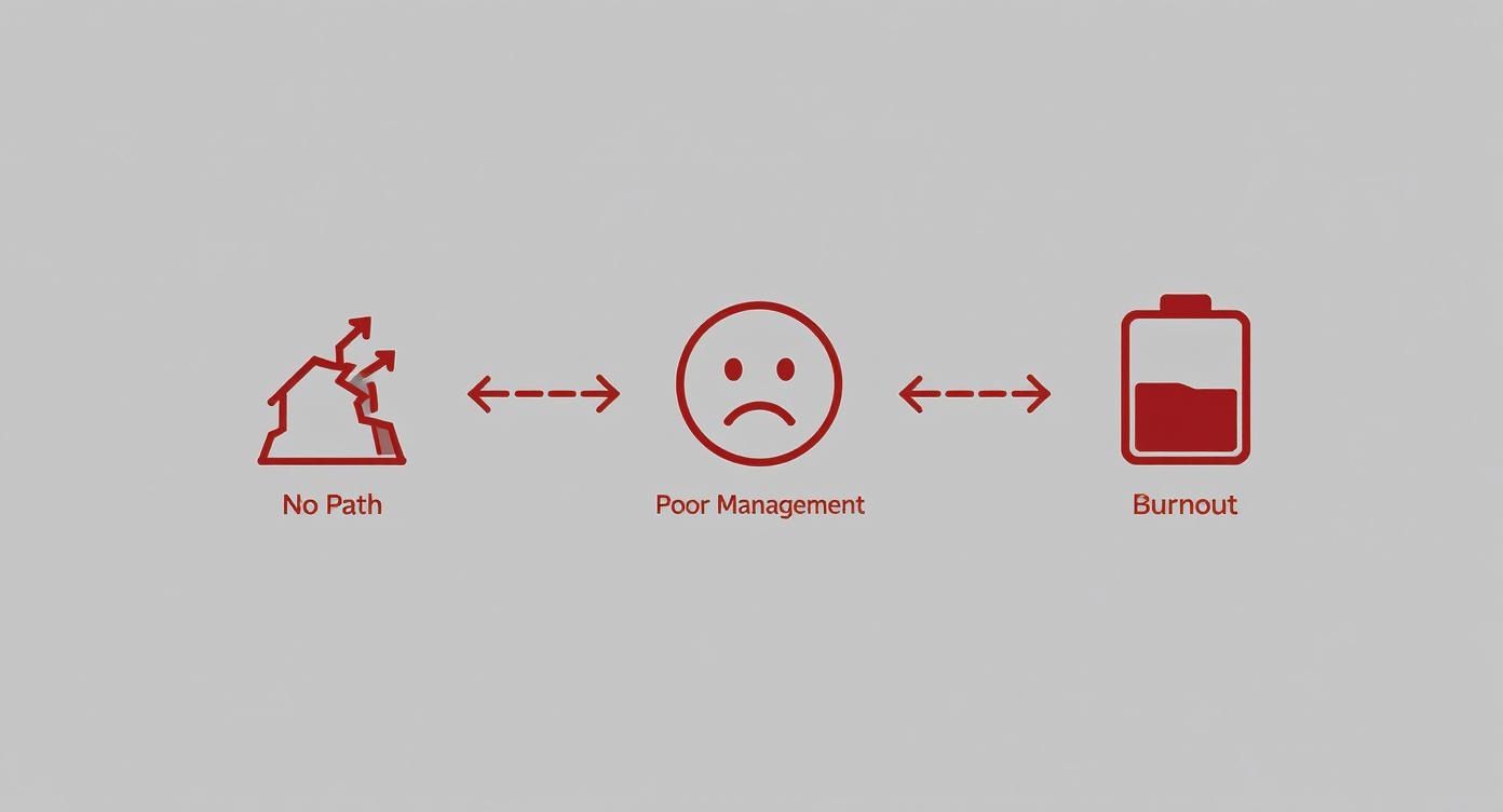 Employee burnout cycle diagram showing no career path, poor management leading to burnout and low retention