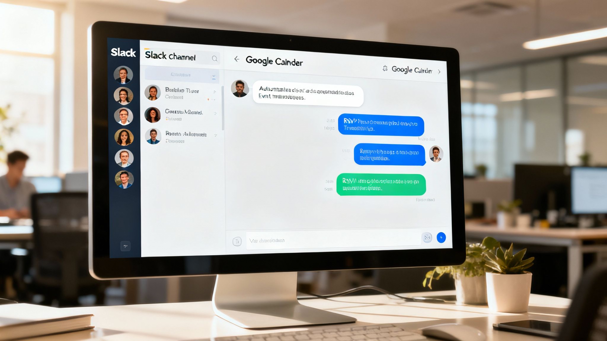 A screenshot from be-there.co showing an event notification in a Slack channel, with options to RSVP.