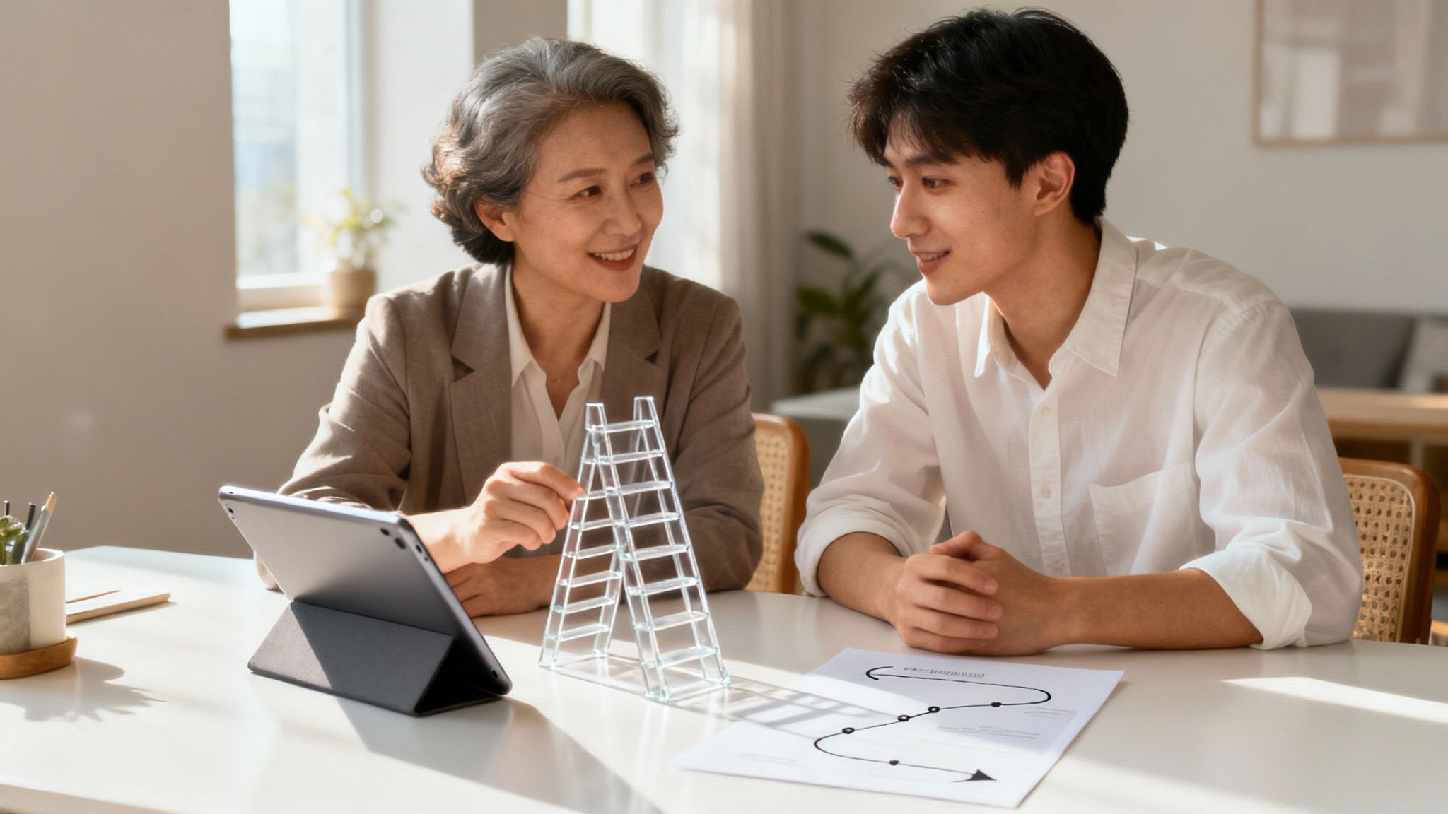 Professional mentor and young employee discussing career development strategy with visual models and documents