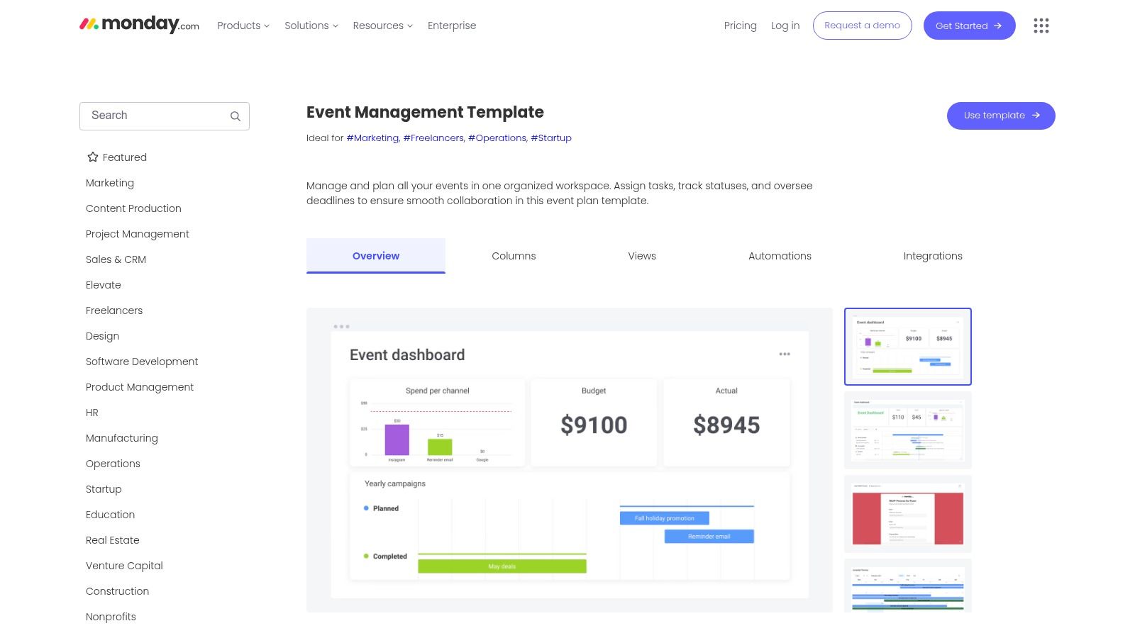 An event planning dashboard in monday.com, showing progress widgets for tasks, budget tracking, and team workload.