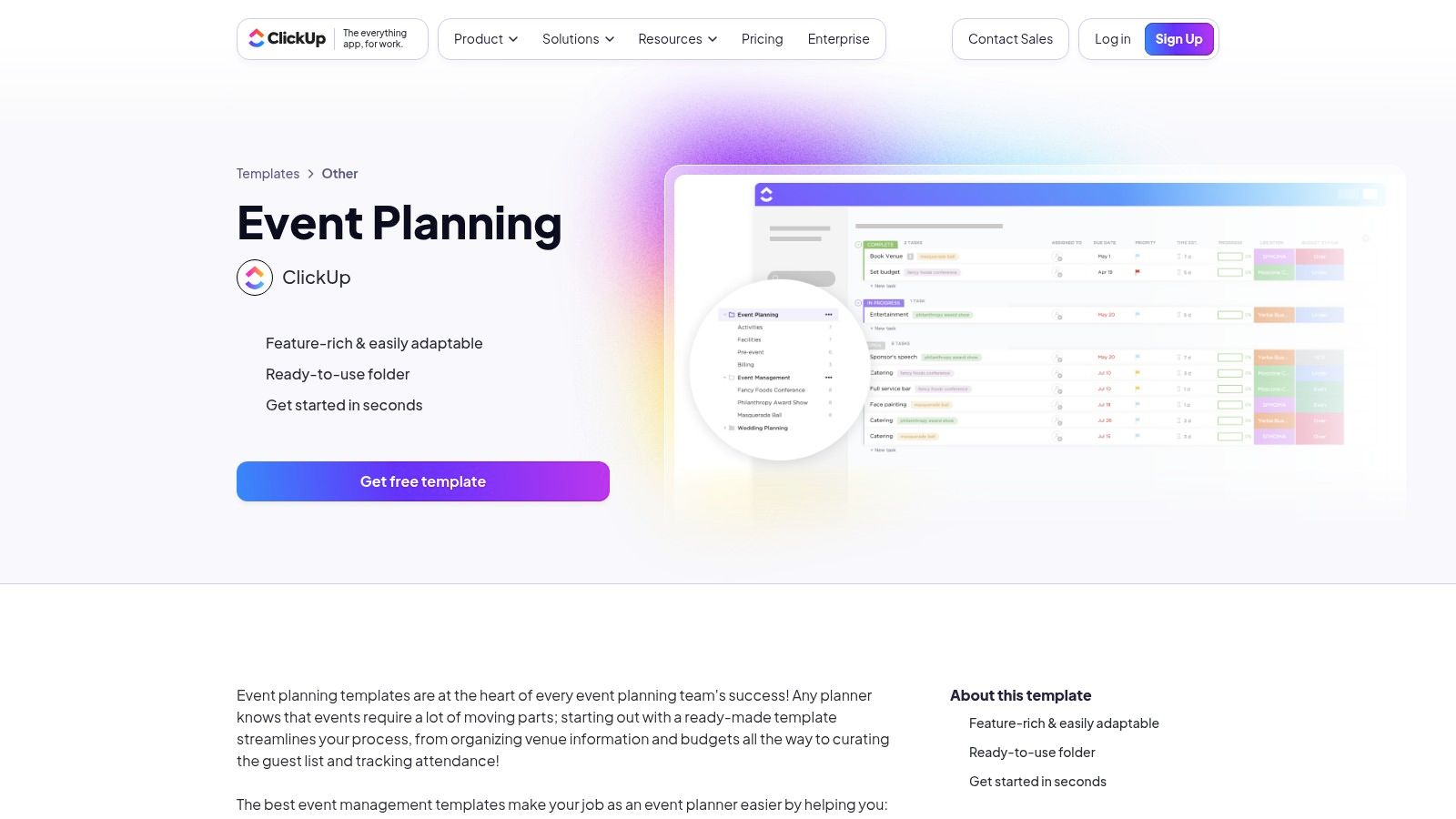 A planning an event checklist template shown in a list view within ClickUp, detailing tasks, assignees, and priority levels.