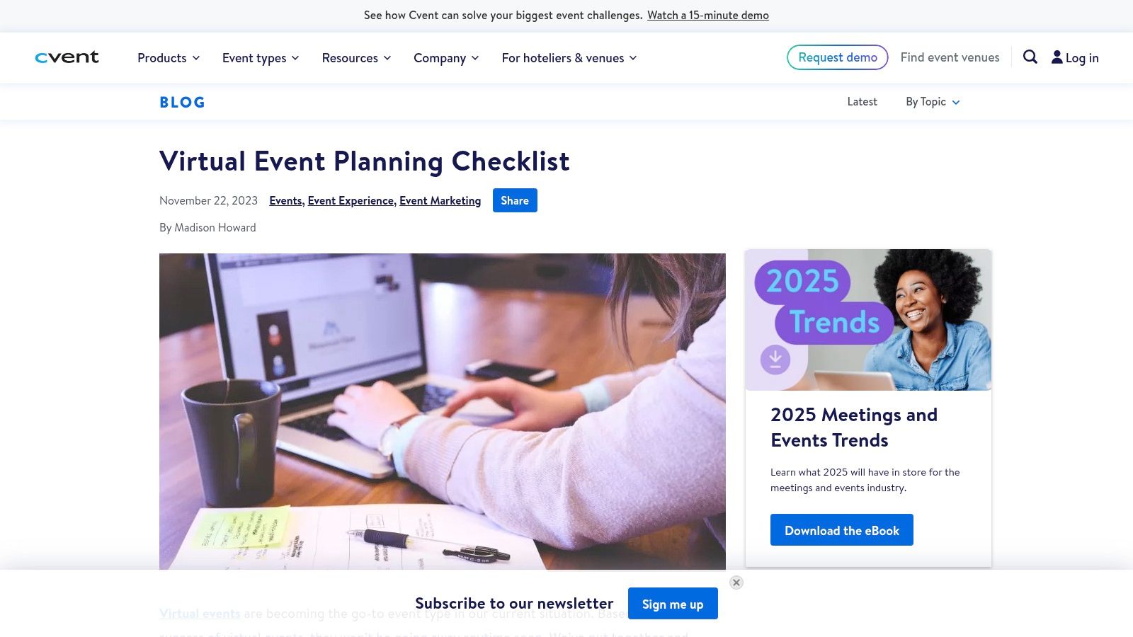 Cvent's website showing a blog post with a detailed virtual event planning checklist.