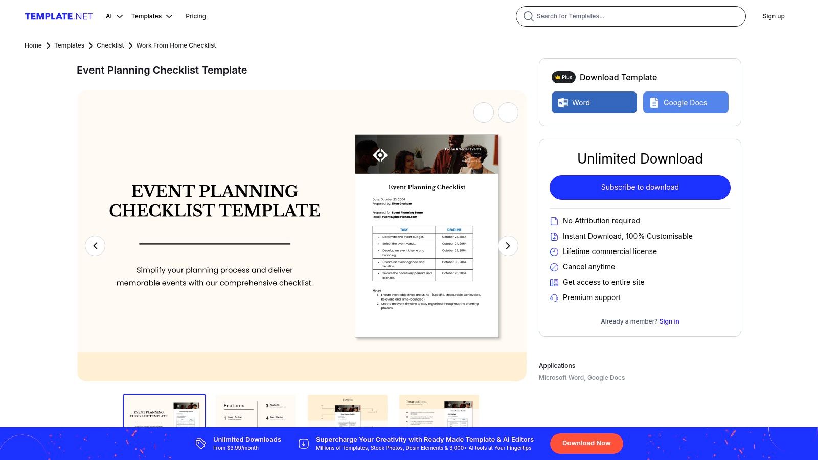 A sample event planning checklist template from Template.net, showing categorized tasks in a clean document format.