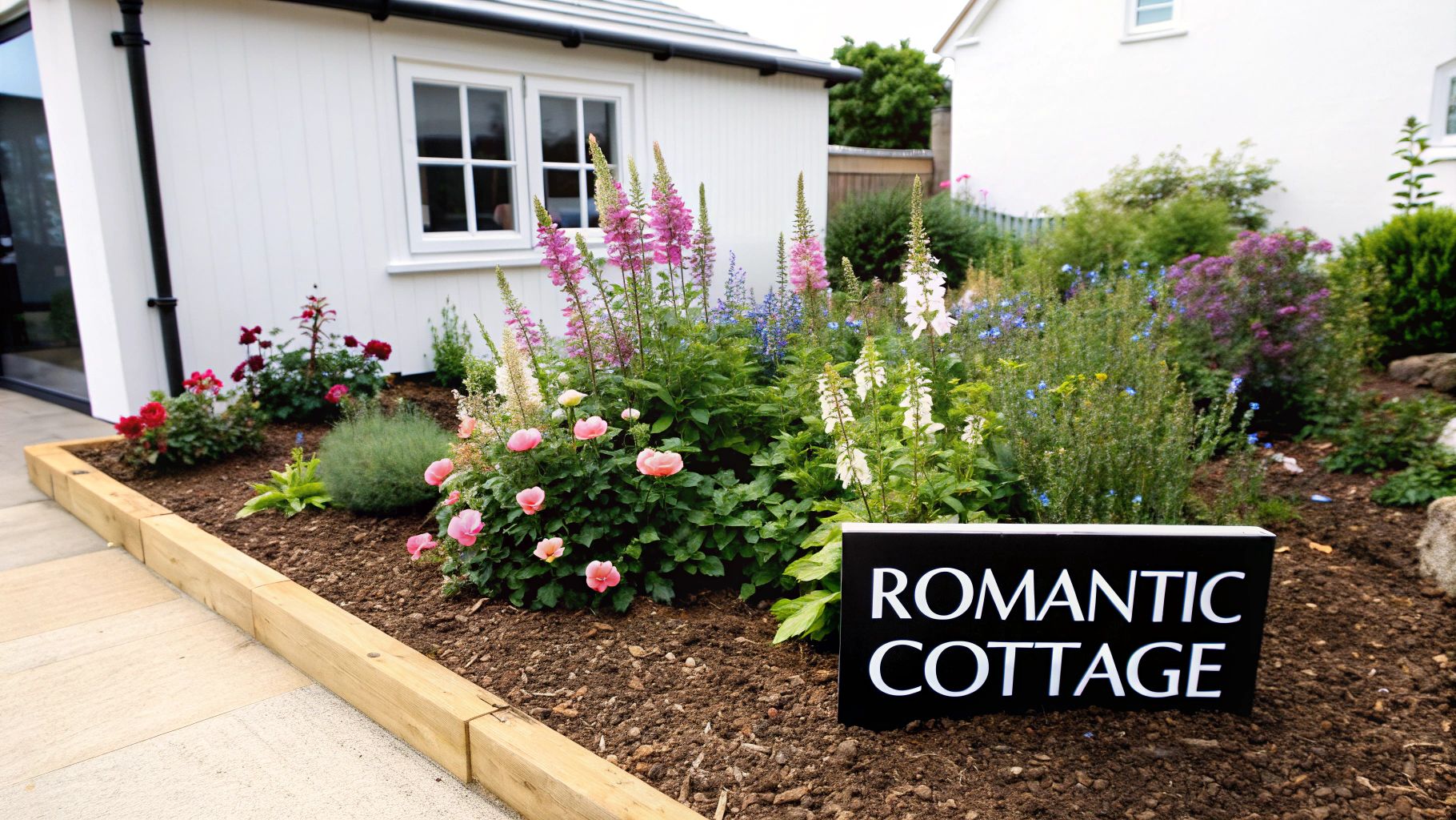 A charming white cottage with a vibrant garden filled with pink, red, and white flowers, and a 'Romantic Cottage' sign.