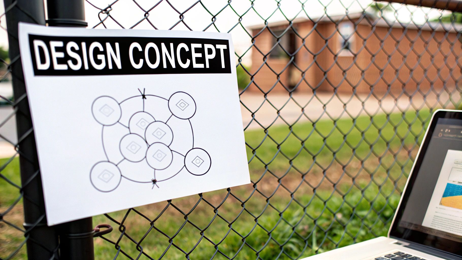 A 'DESIGN CONCEPT' sheet with a circular diagram attached to a fence, with a laptop nearby.