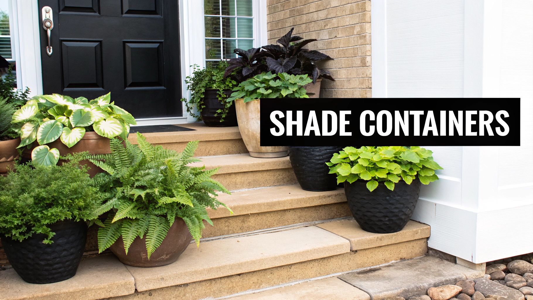 Potted plants arranged on stone steps in front of a dark door, showcasing shade container gardening.