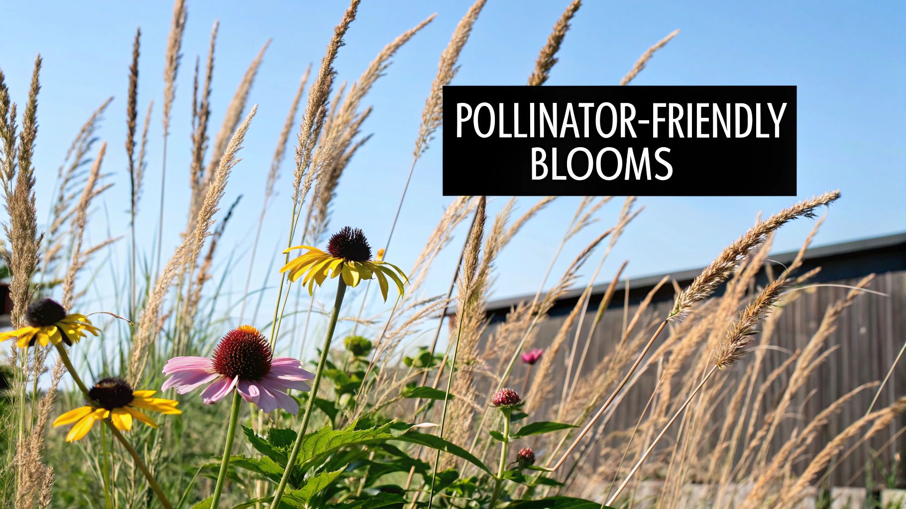 Vibrant coneflowers and tall grasses with a sign promoting pollinator-friendly blooms under a clear sky.