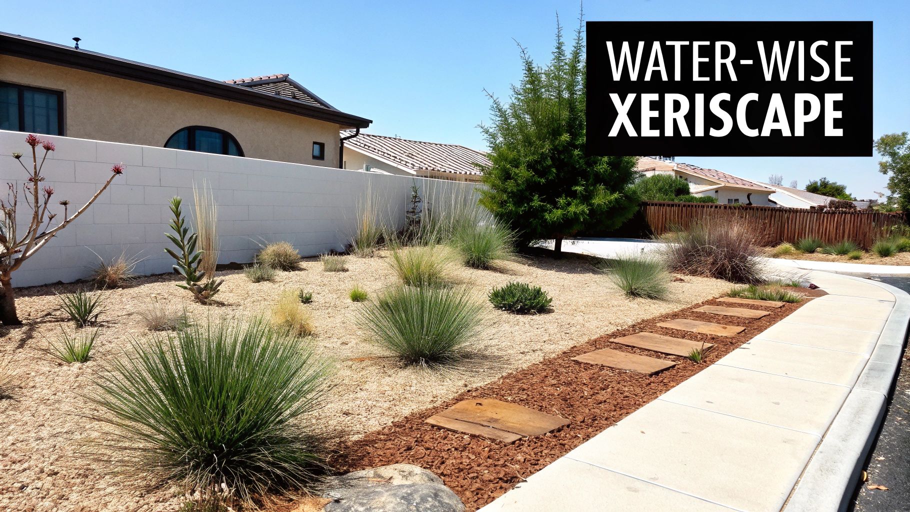 A water-wise xeriscape front yard featuring drought-tolerant plants, gravel, stepping stones, and a sidewalk.