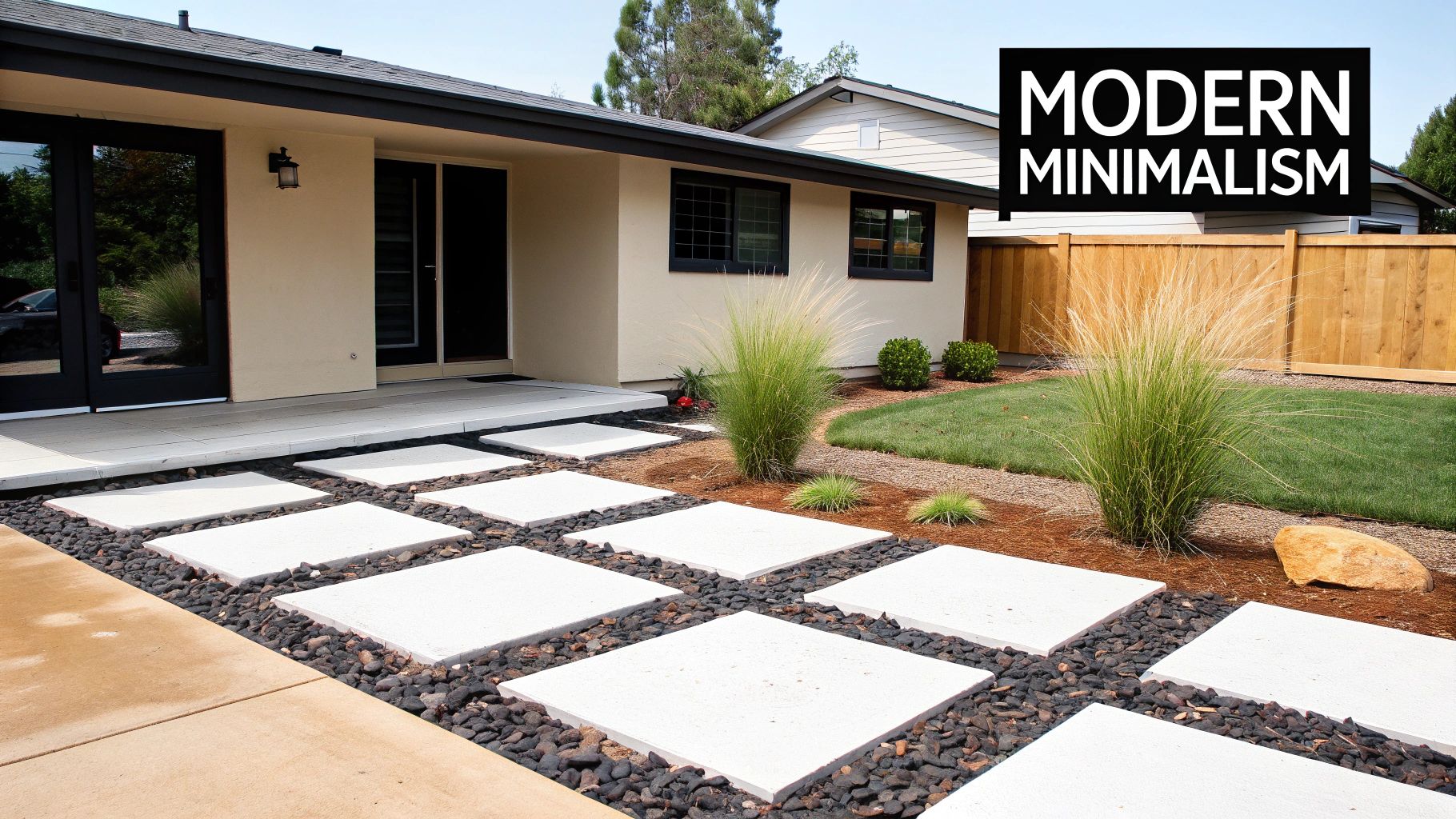 A modern minimalist house with a front yard featuring square concrete pavers, dark gravel, and ornamental grass.