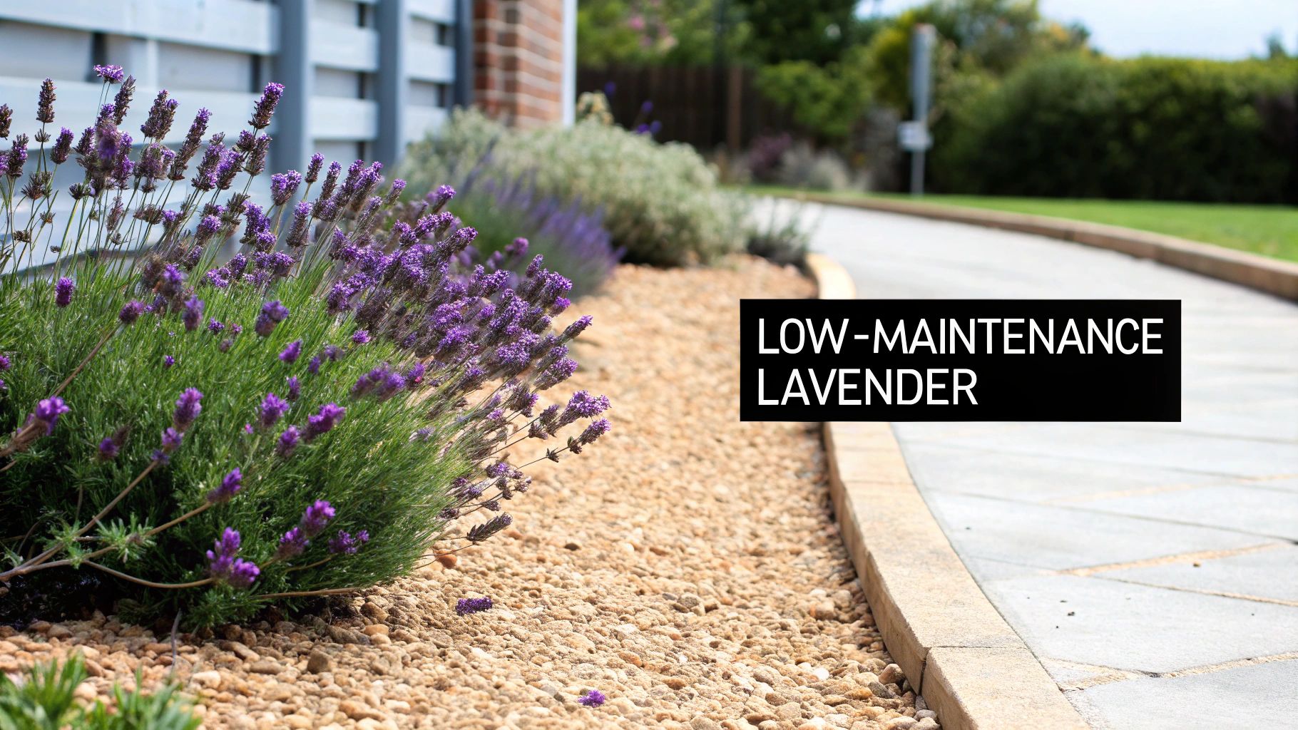 Low-maintenance lavender plants with vibrant purple blooms next to a gravel path and paved driveway.