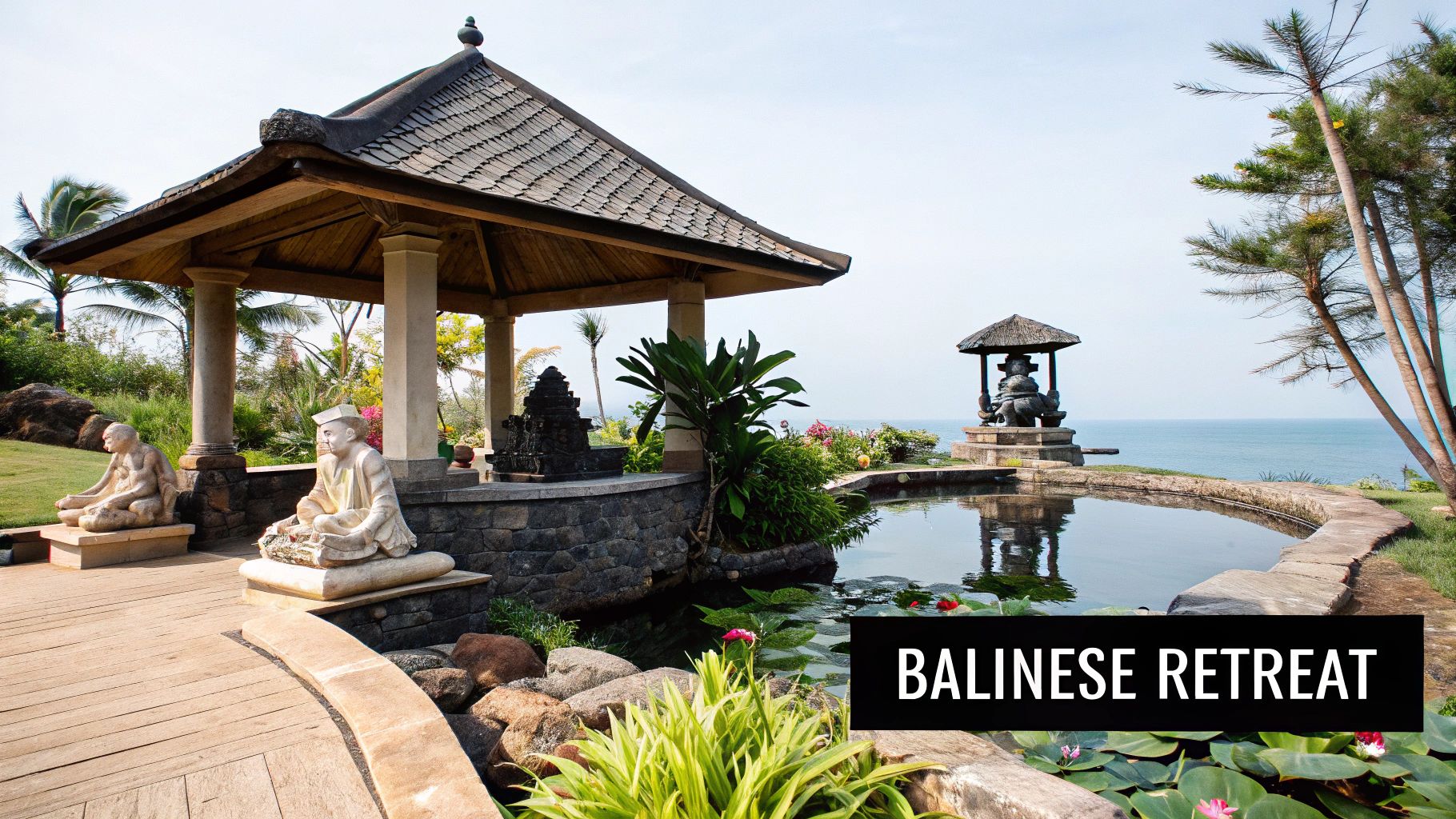 A serene Balinese garden with traditional gazebos, statues, a tranquil pond, and ocean views.