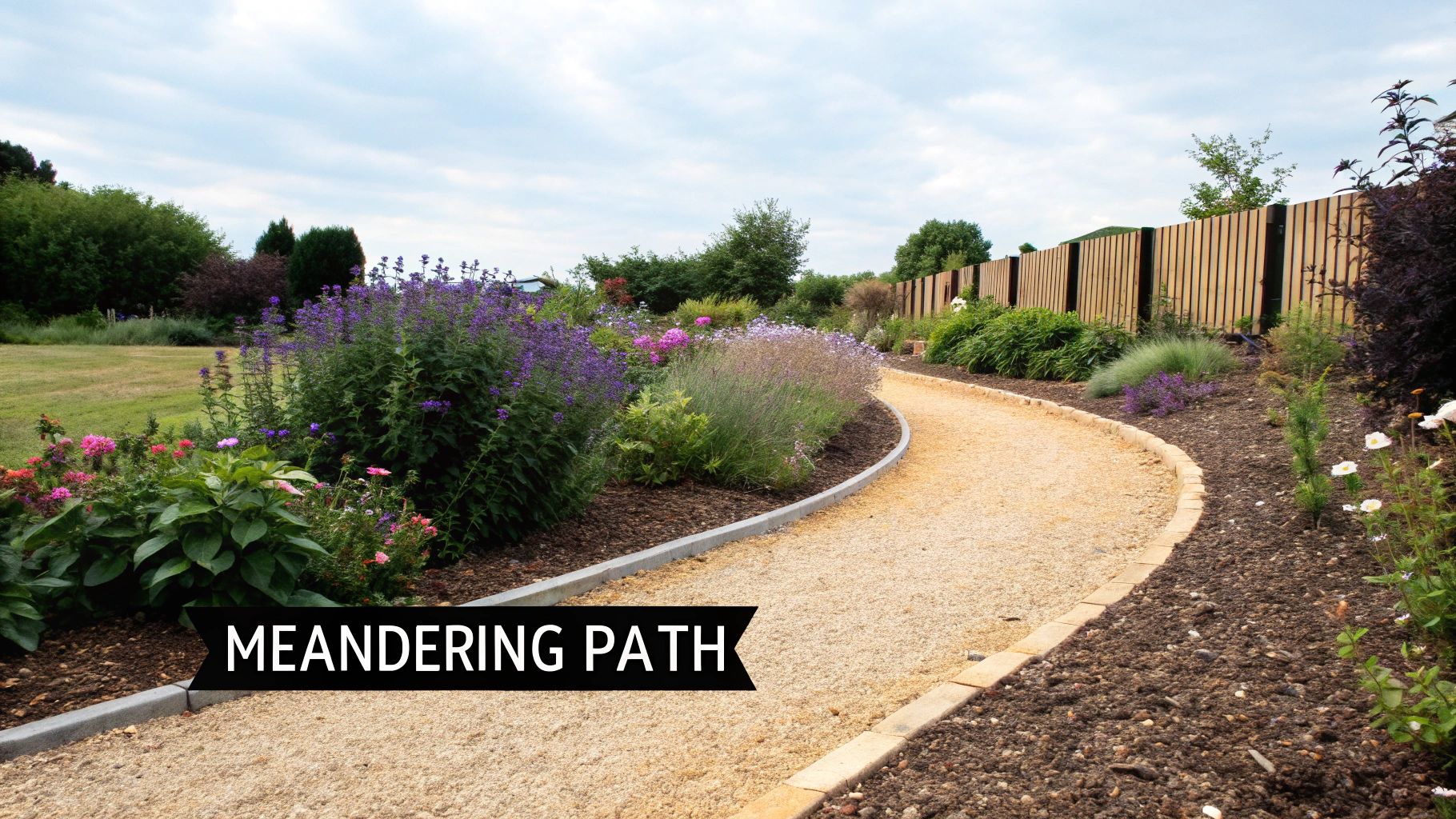 A winding gravel path meanders through a vibrant cottage garden filled with various colorful flowers and plants.