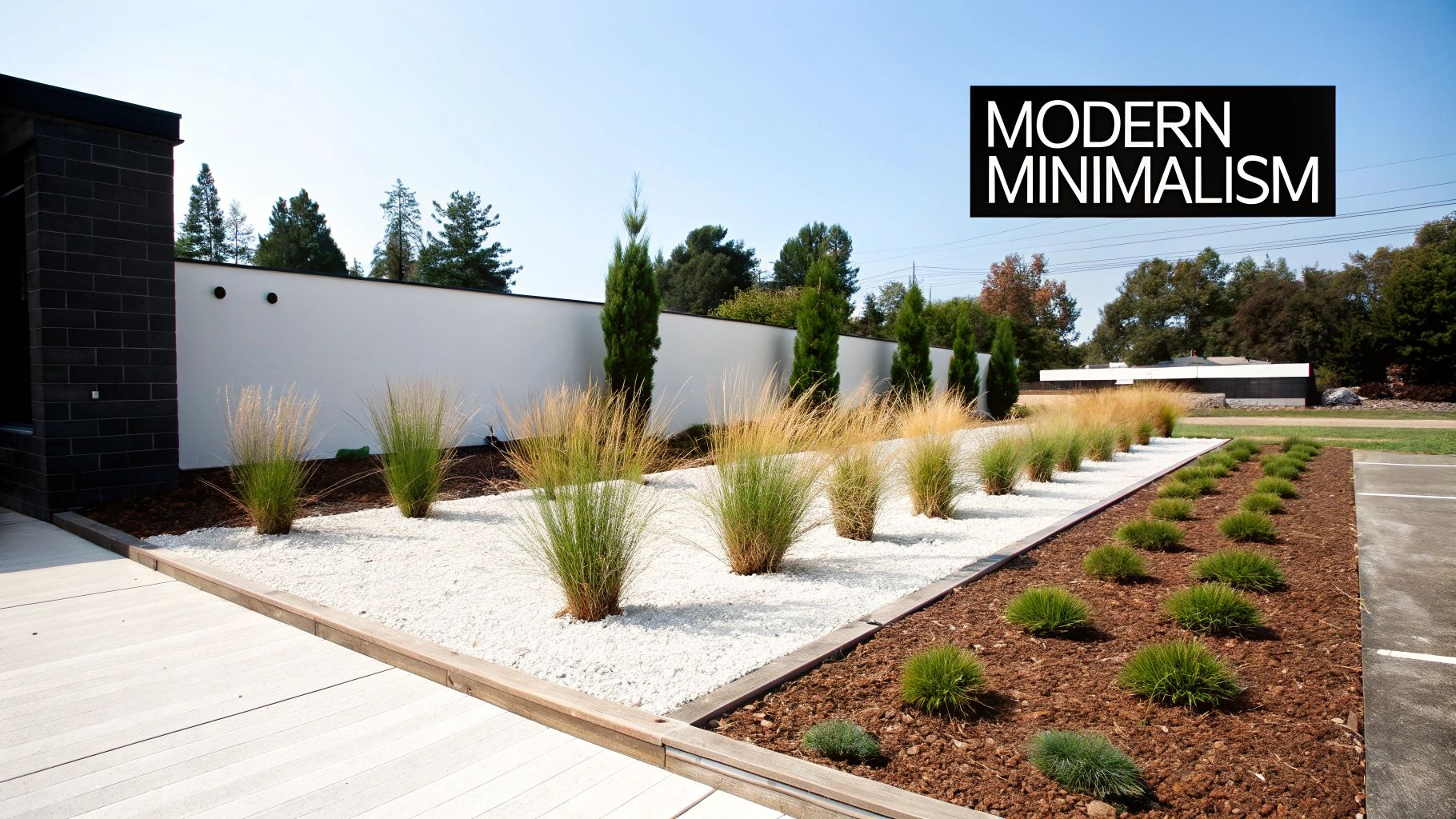 Modern minimalist landscaping with white gravel, various grasses, and a clean white wall.